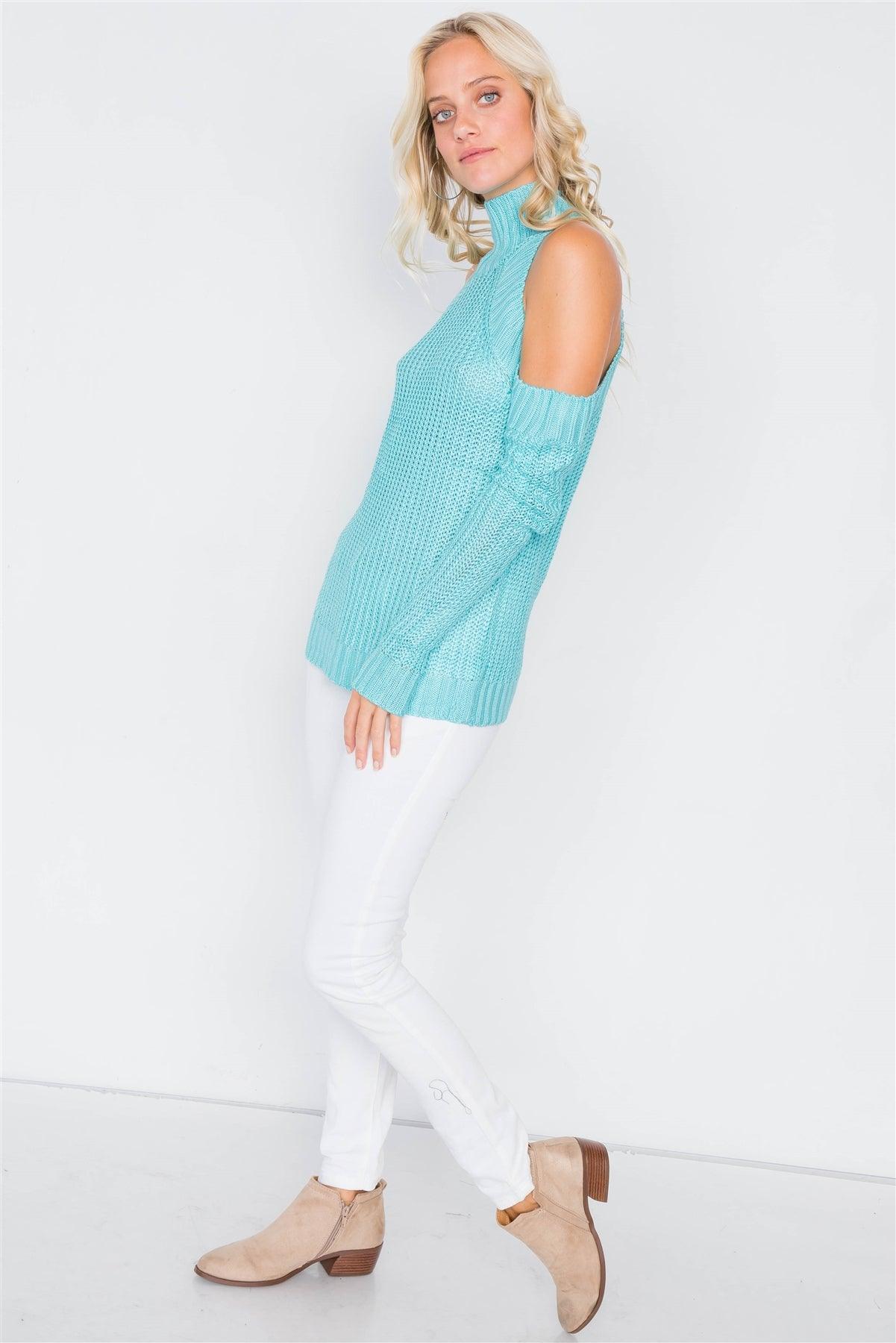 Aqua Cold Shoulder Knit Turtleneck Sweater /3-2-1
