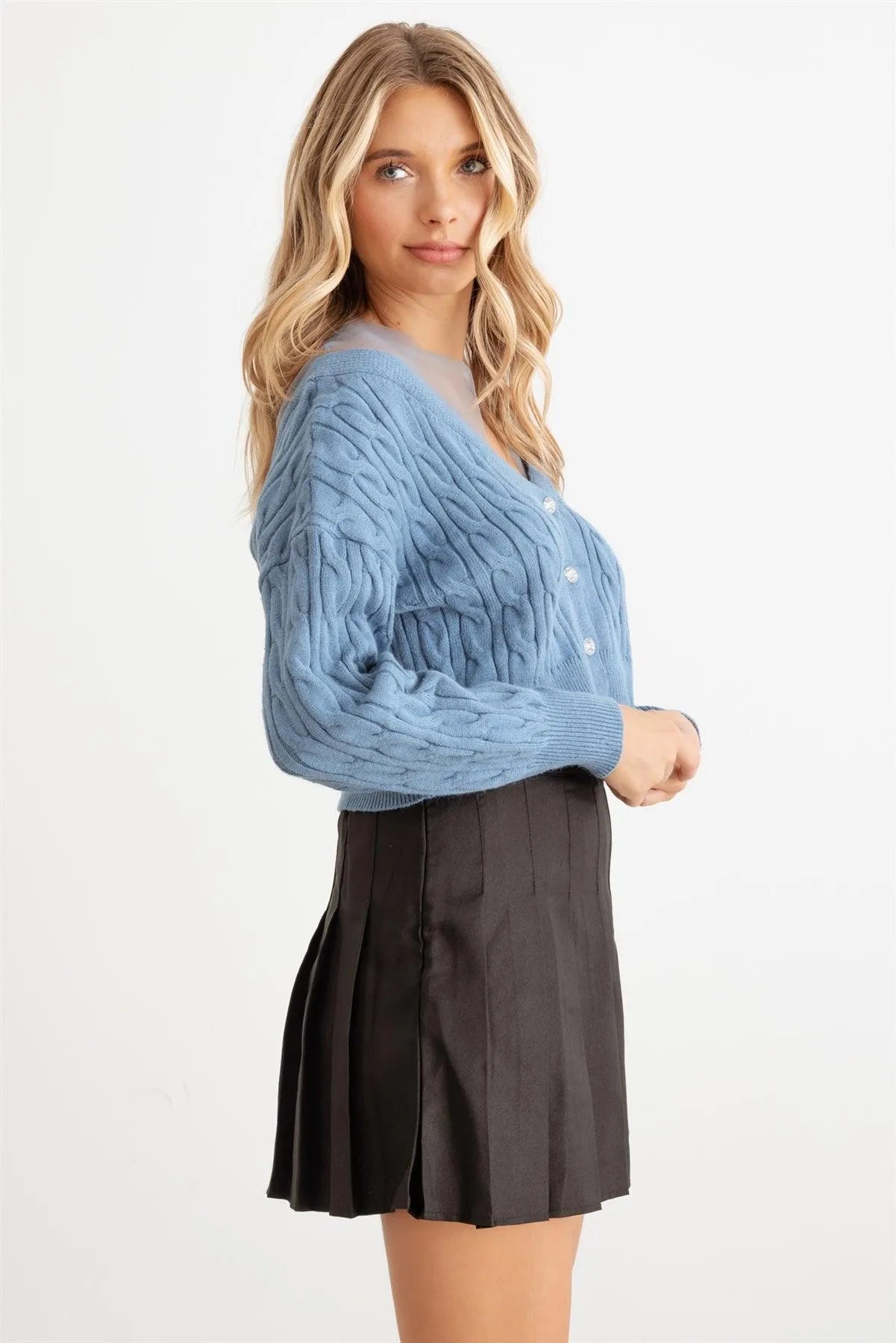 Cable Mesh Rhinestone Button-Up Dropped Shoulders Sweater - Tasha Apparel Wholesale