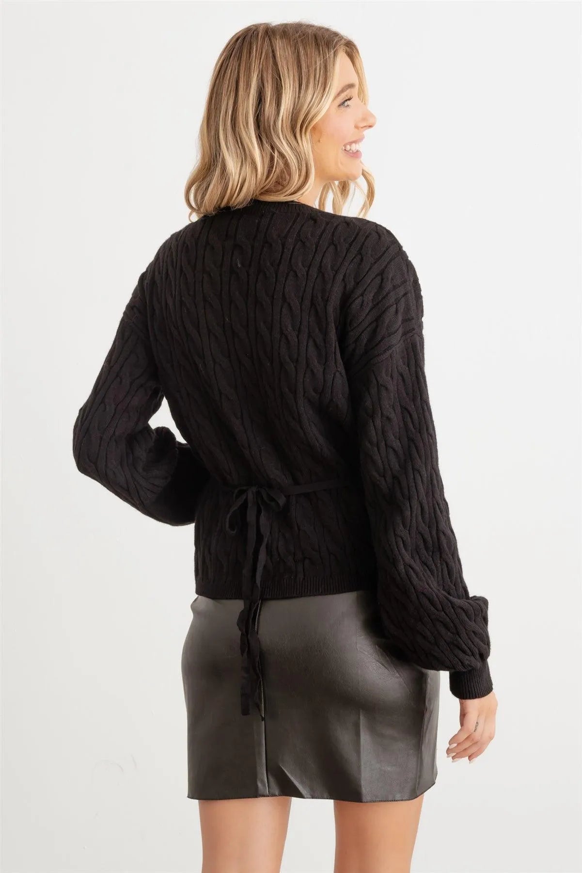 Black Cable Knit Wrap Tie Long Sleeve Sweater Cardigan /2-2-2 - Tasha Apparel Wholesale