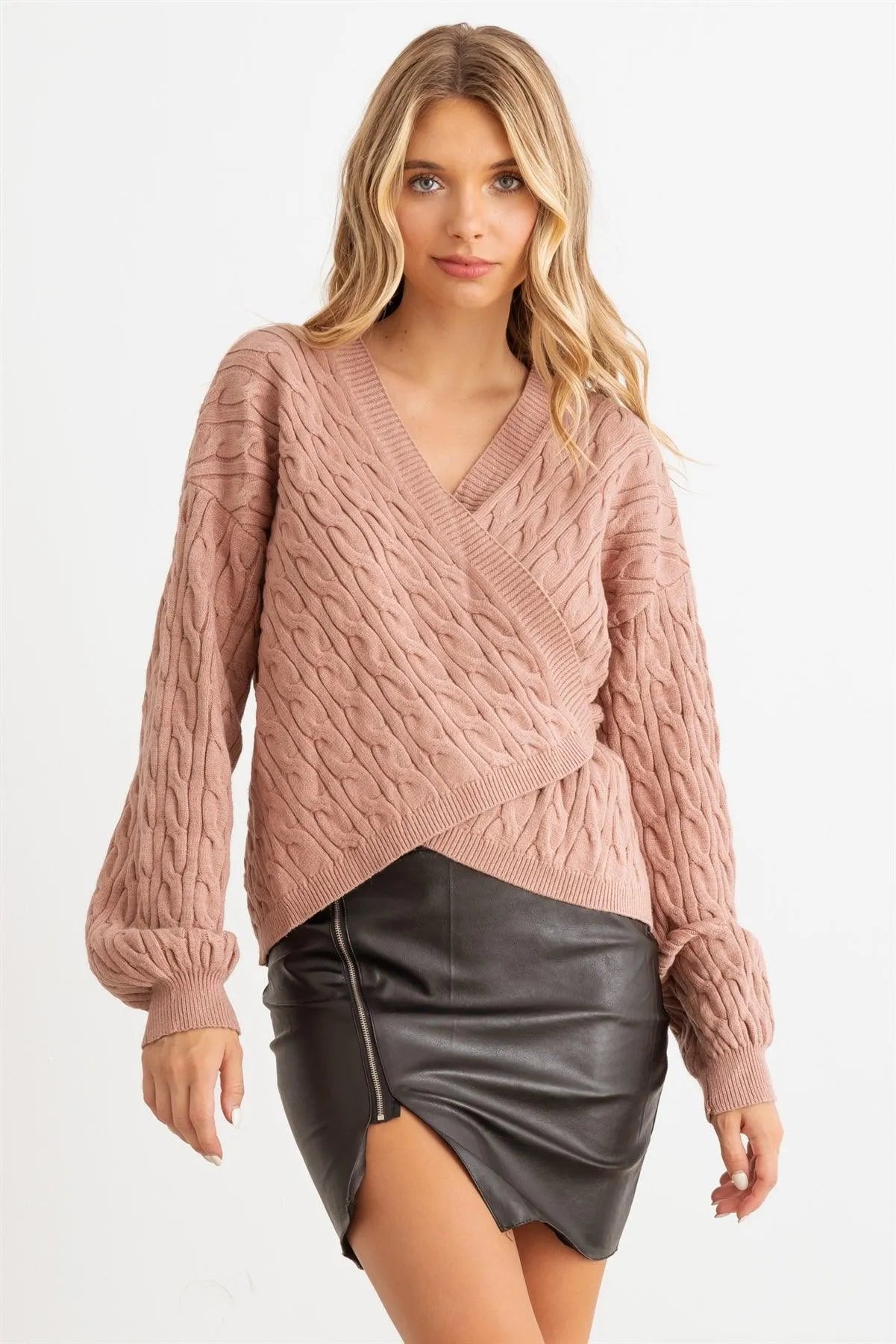 Coffee Cable Knit Wrap Tie Long Sleeve Sweater Cardigan /2-2-2 - Tasha Apparel Wholesale