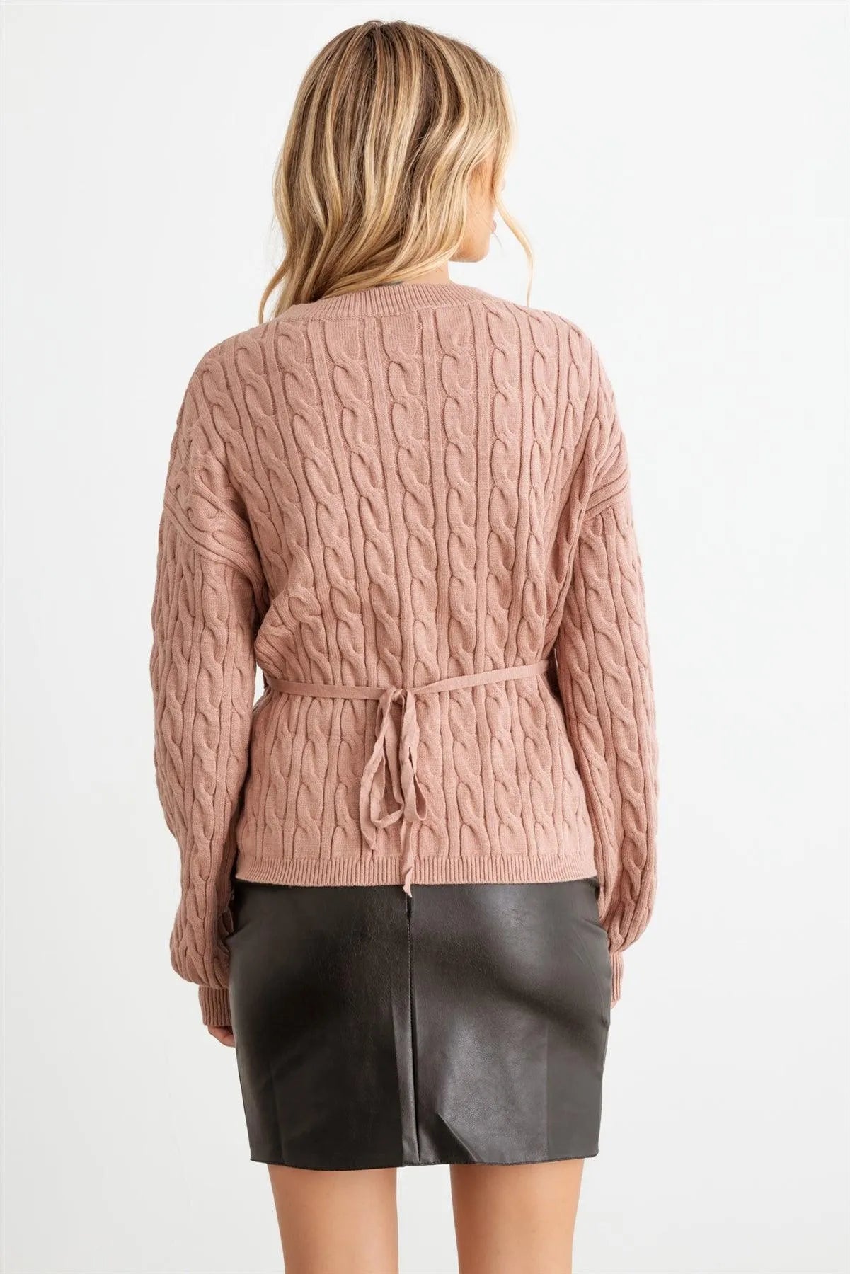 Coffee Cable Knit Wrap Tie Long Sleeve Sweater Cardigan /2-2-2 - Tasha Apparel Wholesale