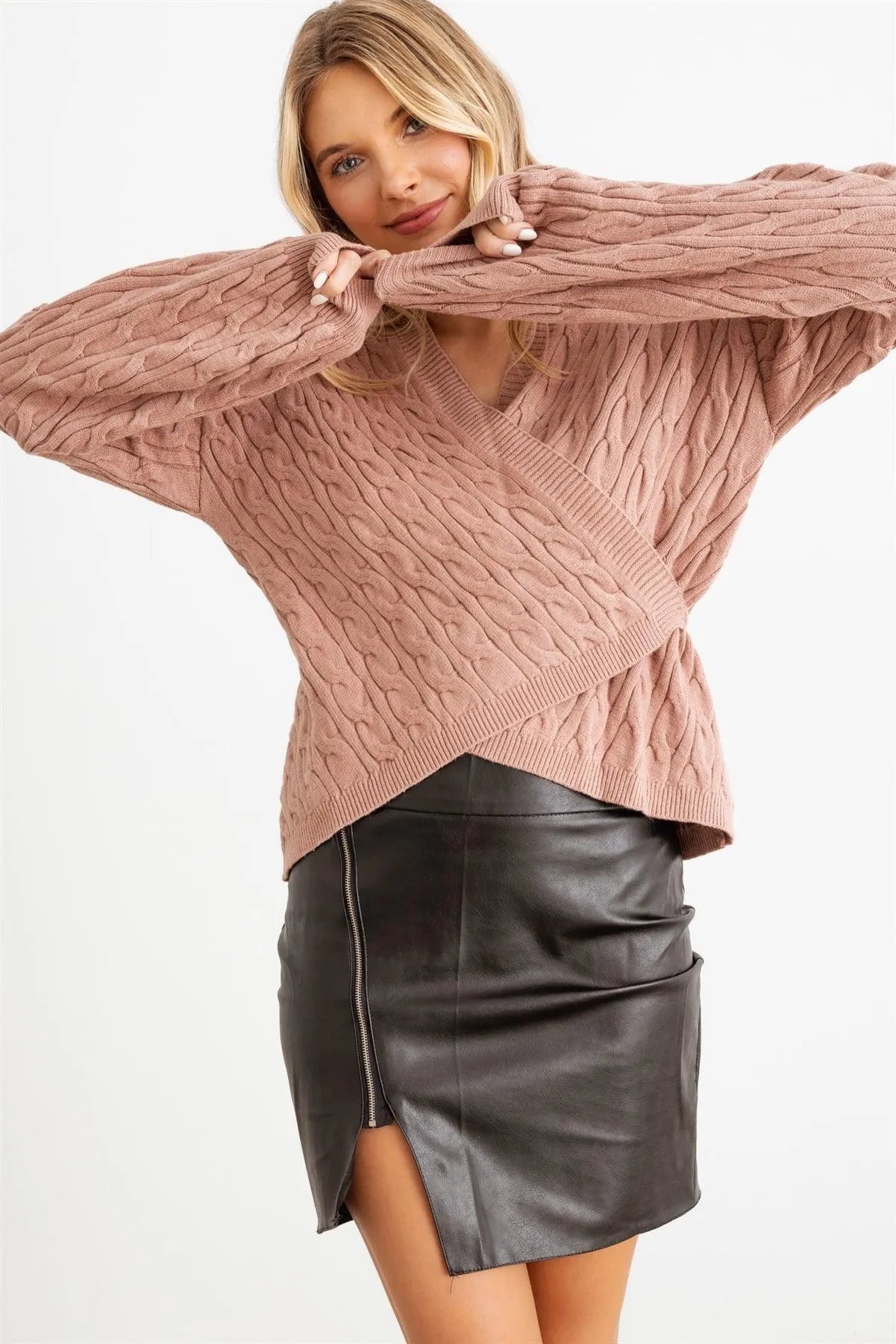 Coffee Cable Knit Wrap Tie Long Sleeve Sweater Cardigan /2-2-2 - Tasha Apparel Wholesale