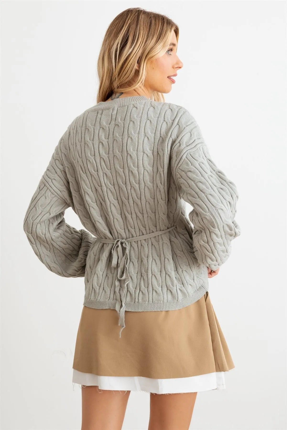 Cable Knit Wrap Tie Long Sleeve Sweater Cardigan - Tasha Apparel Wholesale