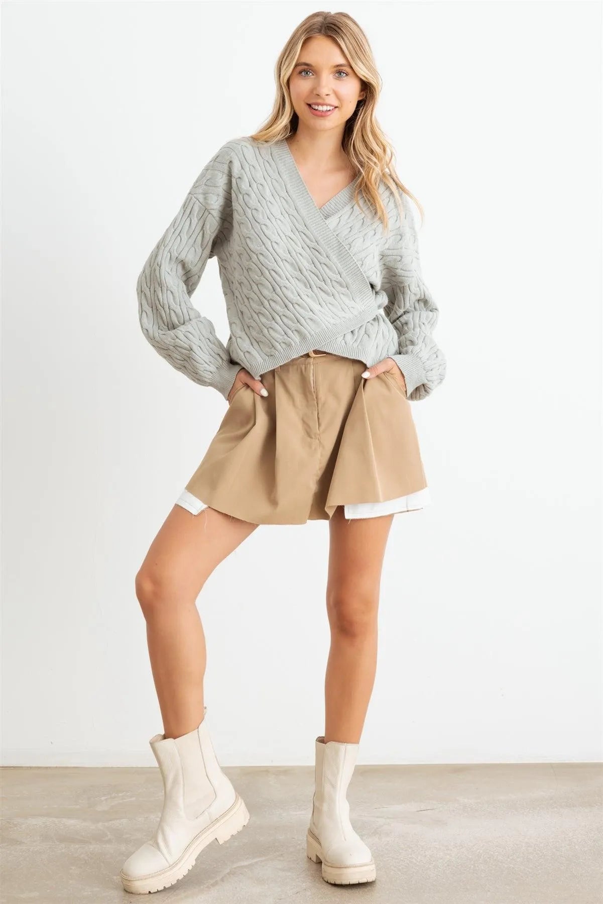 Cable Knit Wrap Tie Long Sleeve Sweater Cardigan - Tasha Apparel Wholesale