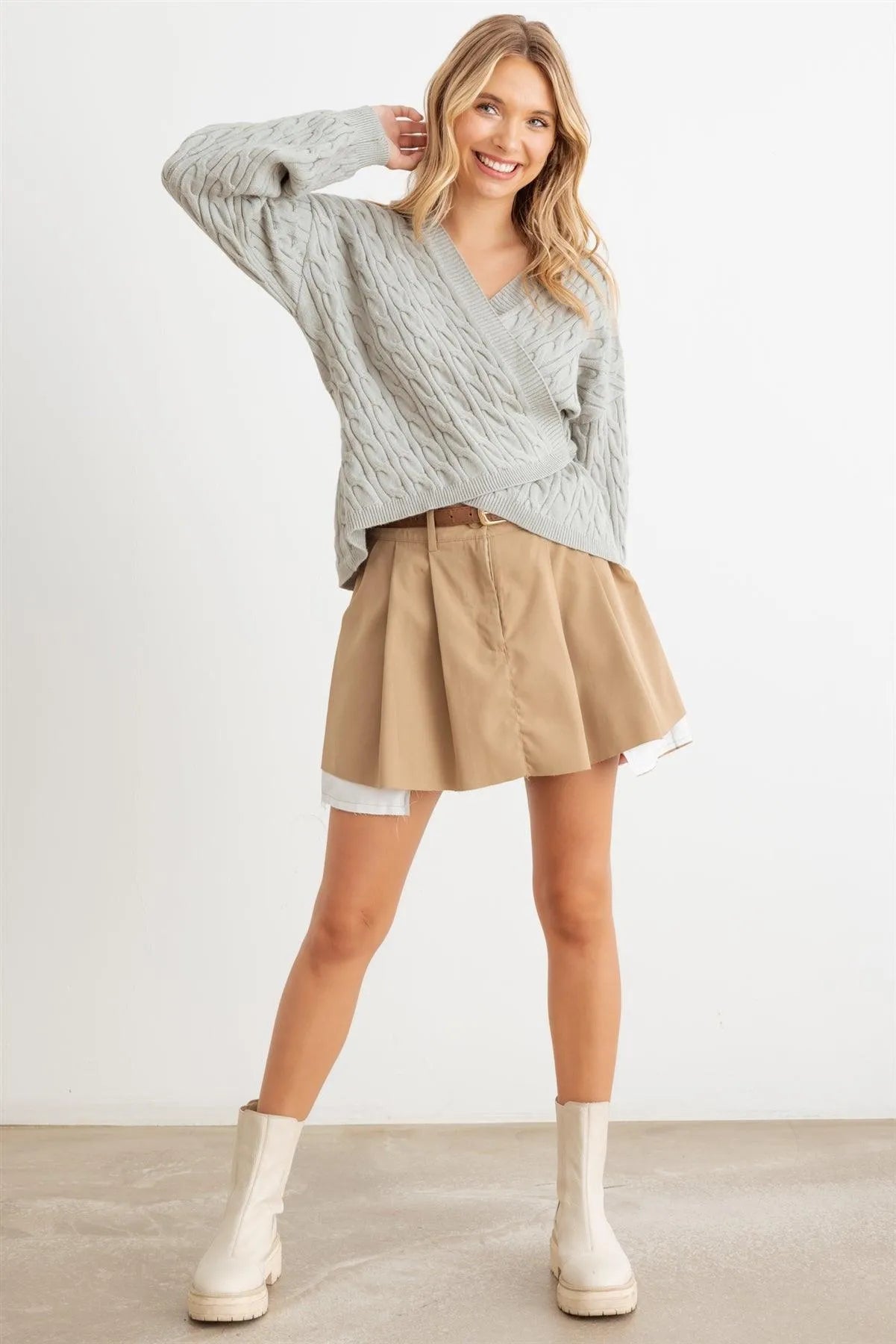 Cable Knit Wrap Tie Long Sleeve Sweater Cardigan - Tasha Apparel Wholesale