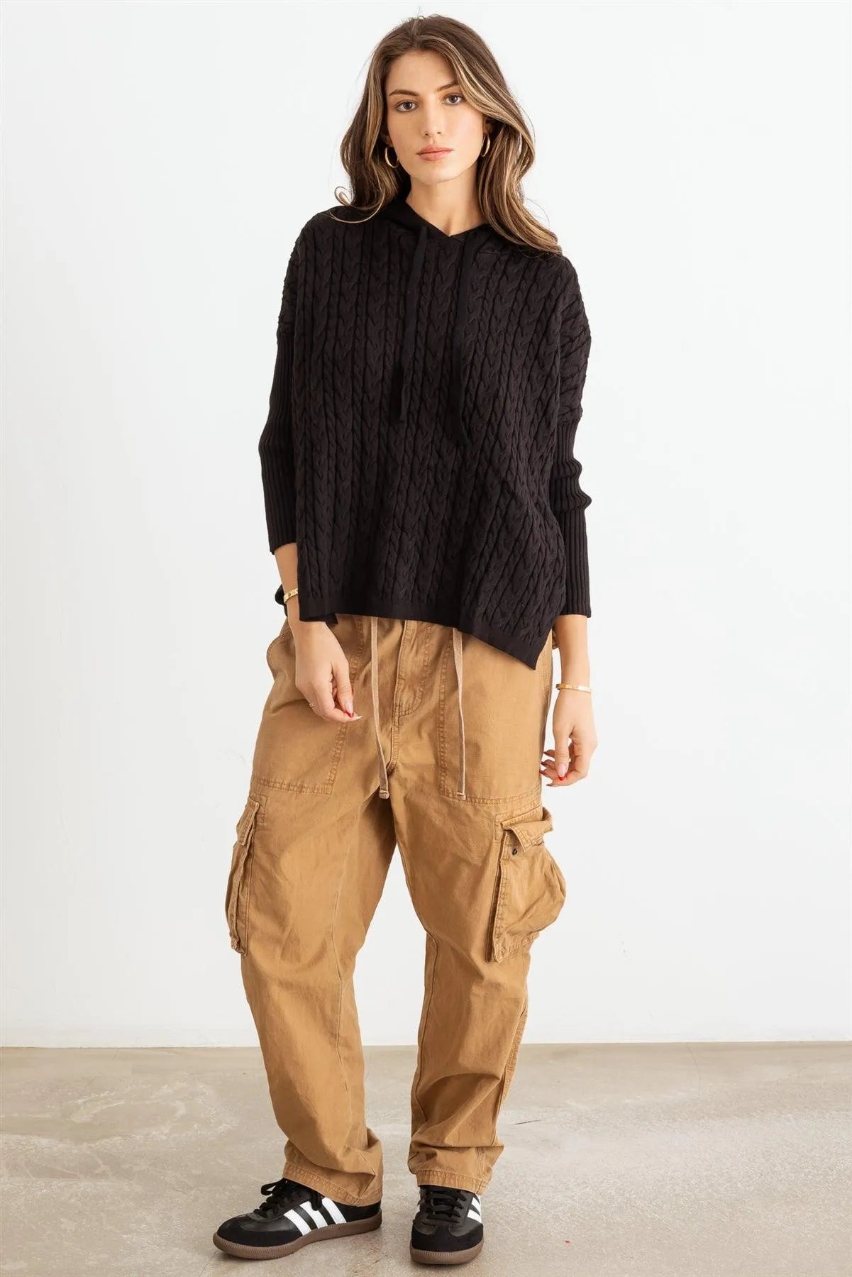 Cable Knit Long Sleeve Hooded Sweater - Tasha Apparel Wholesale