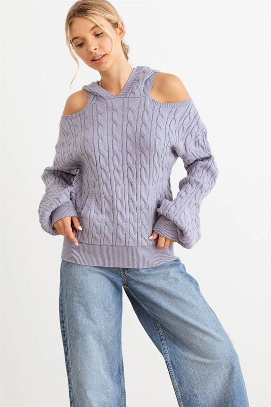 Slate Cable Knit Cold Shoulder Hooded Sweater - Tasha Apparel Wholesale