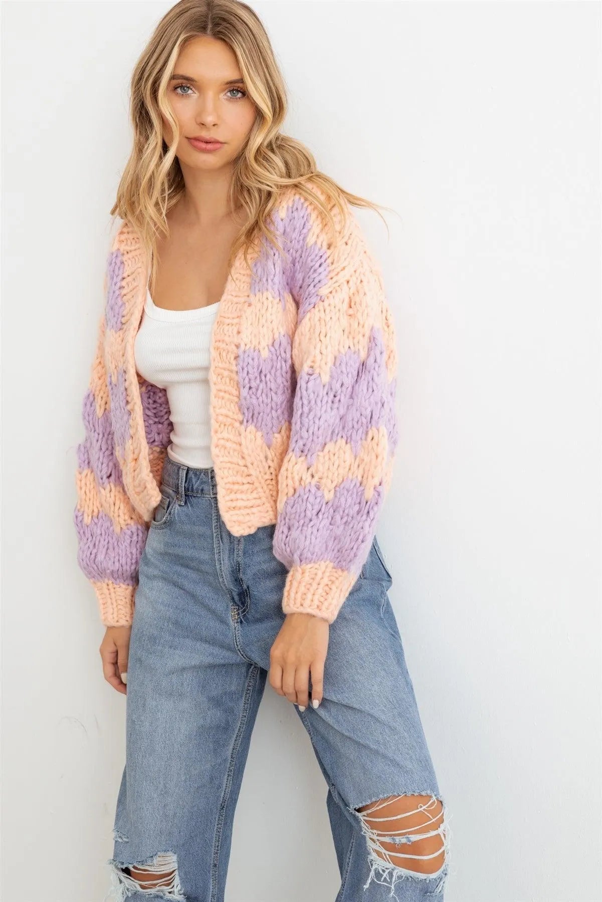 Pink & Purple Knit Long Sleeve Open Front Sweater Cardigan /2-2-2 - Tasha Apparel Wholesale
