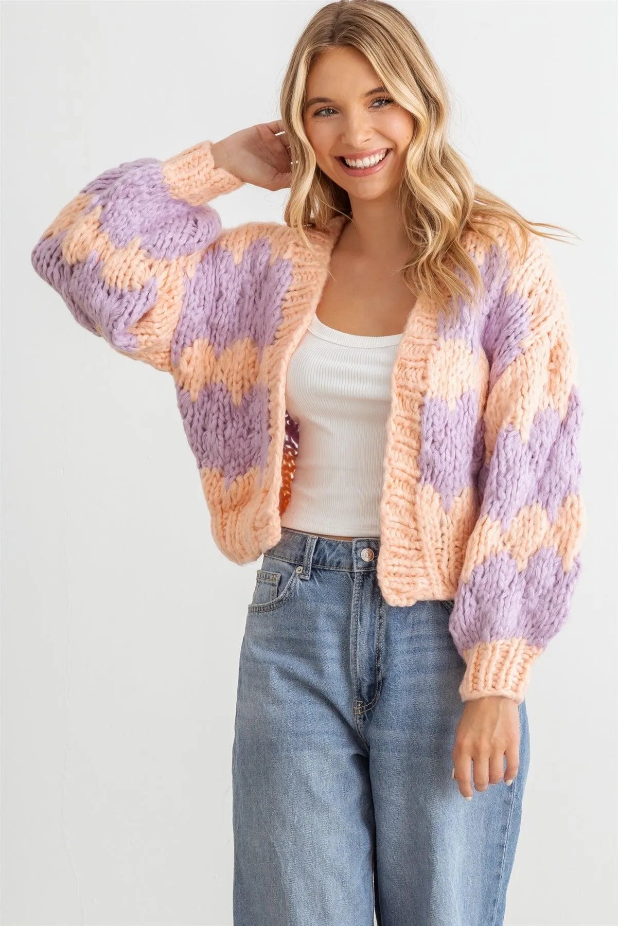Pink & Purple Knit Long Sleeve Open Front Sweater Cardigan /2-2-2 - Tasha Apparel Wholesale
