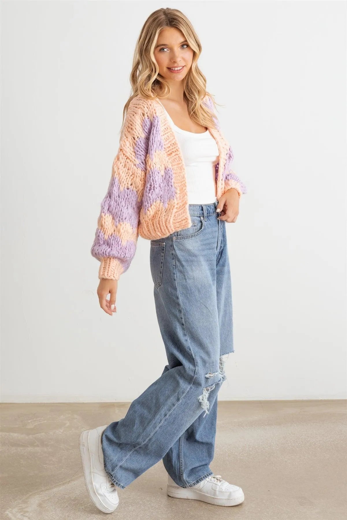 Pink & Purple Knit Long Sleeve Open Front Sweater Cardigan /2-2-2 - Tasha Apparel Wholesale