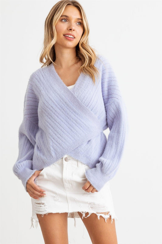 Lilac Ribbed Fuzzy Knit Wrap Long Sleeve Sweater/Cardigan /2-2-2