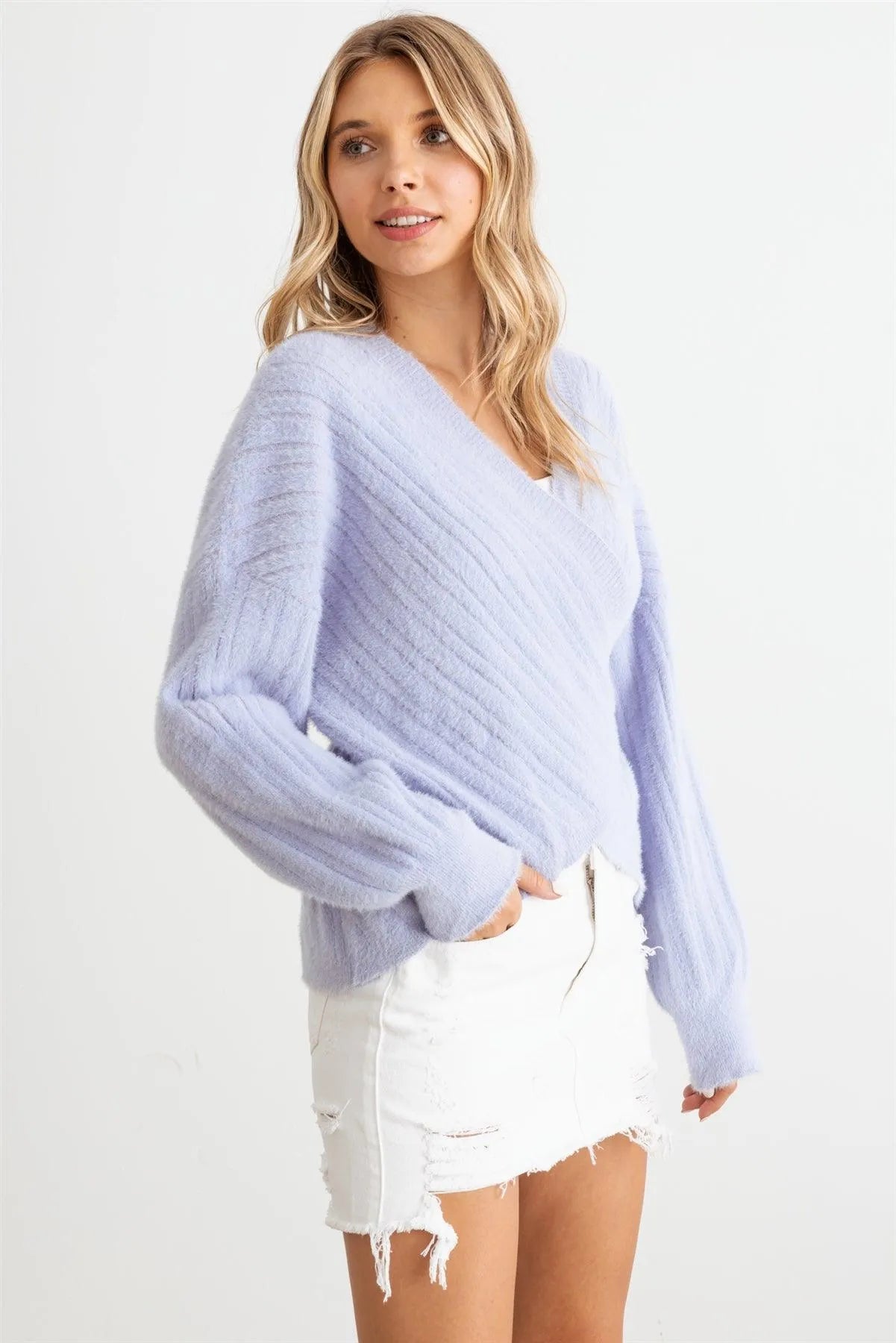 Ribbed Fuzzy Knit Wrap Long Sleeve Sweater Cardigan - Tasha Apparel Wholesale