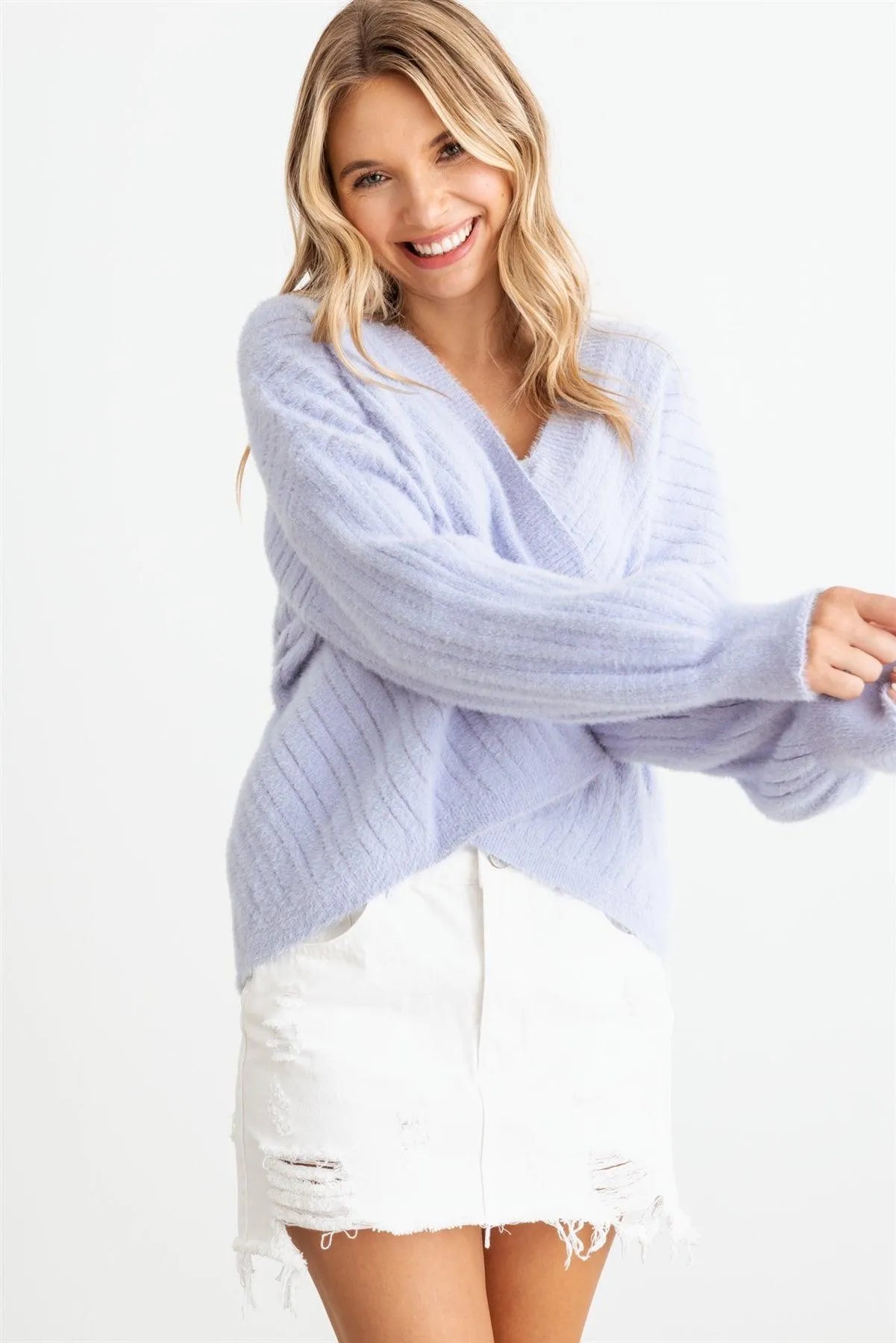 Ribbed Fuzzy Knit Wrap Long Sleeve Sweater Cardigan - Tasha Apparel Wholesale