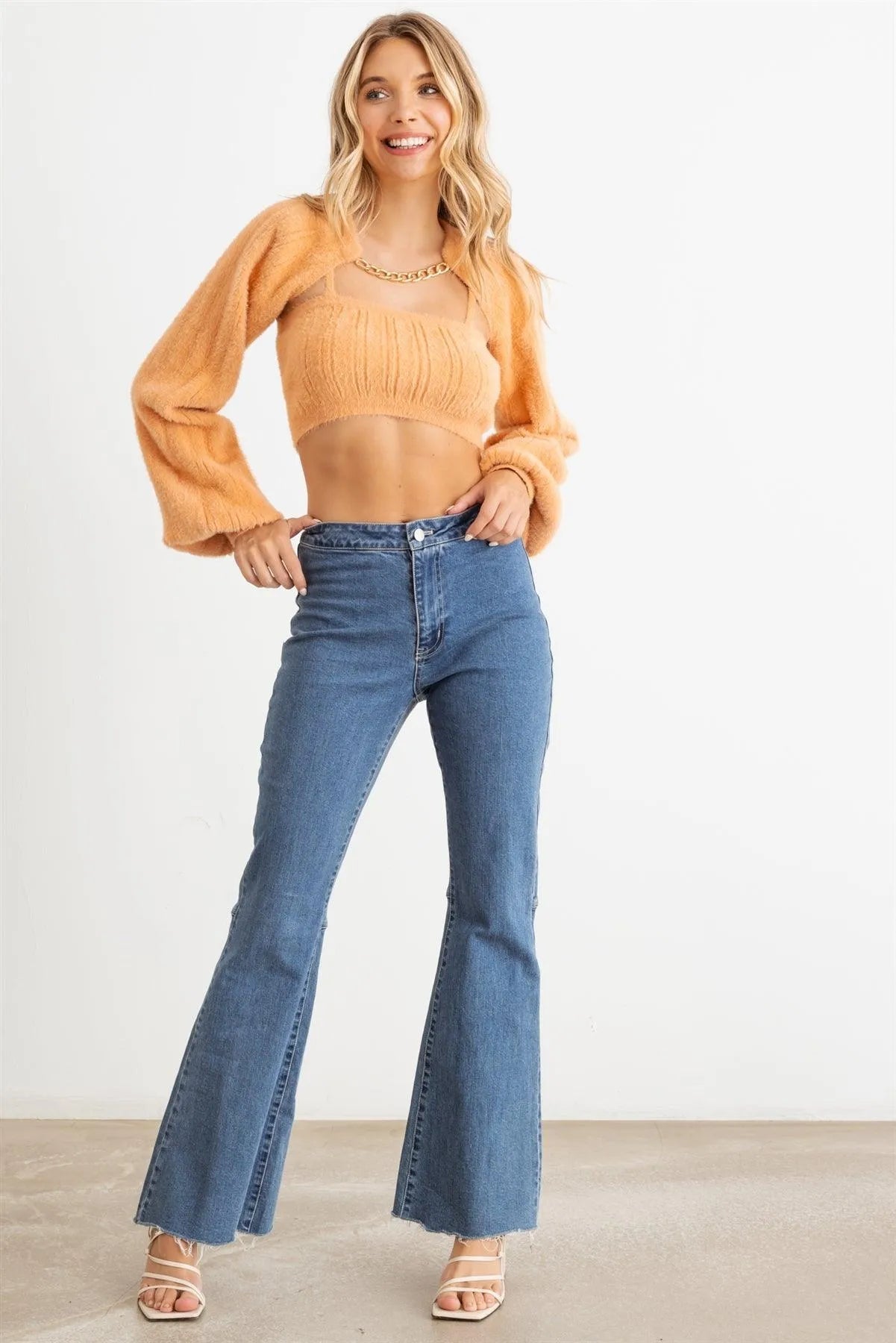 Ribbed Knit Crop Top & Long Sleeve Gold Chain Bolero Set - Tasha Apparel Wholesale