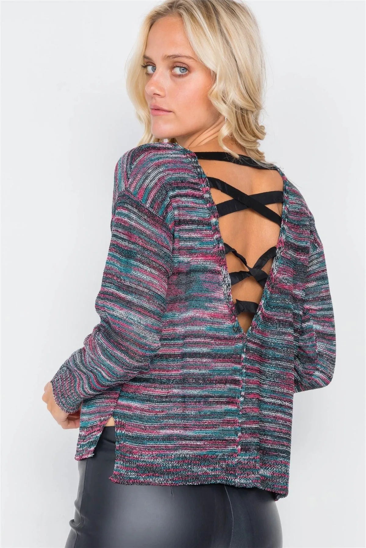 Black Multi Stripe Cotton Criss-Cross Open Back Sweater /2-2-2 - Tasha Apparel Wholesale