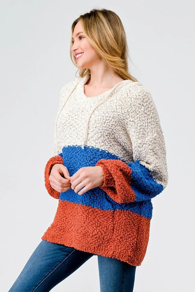 Multi Color Block Knit One Pocket Hooded Sweater /2-2-2 - Tasha Apparel Wholesale