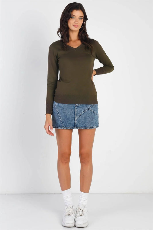 Dark Olive Knit V-Neck Long Sleeve Sweater /1-2-2-1 - Tasha Apparel Wholesale