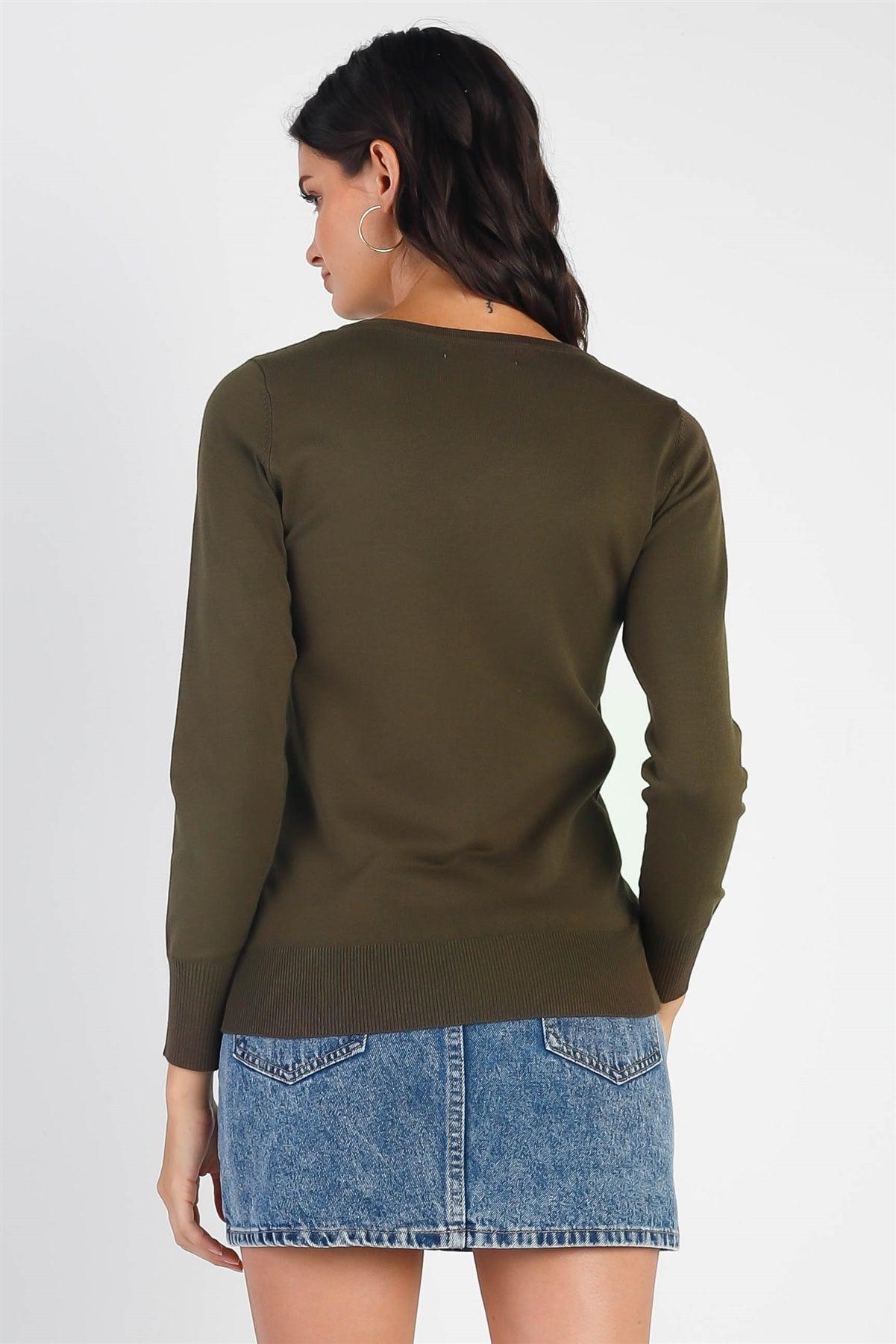 Dark Olive Knit V-Neck Long Sleeve Sweater /1-2-2-1