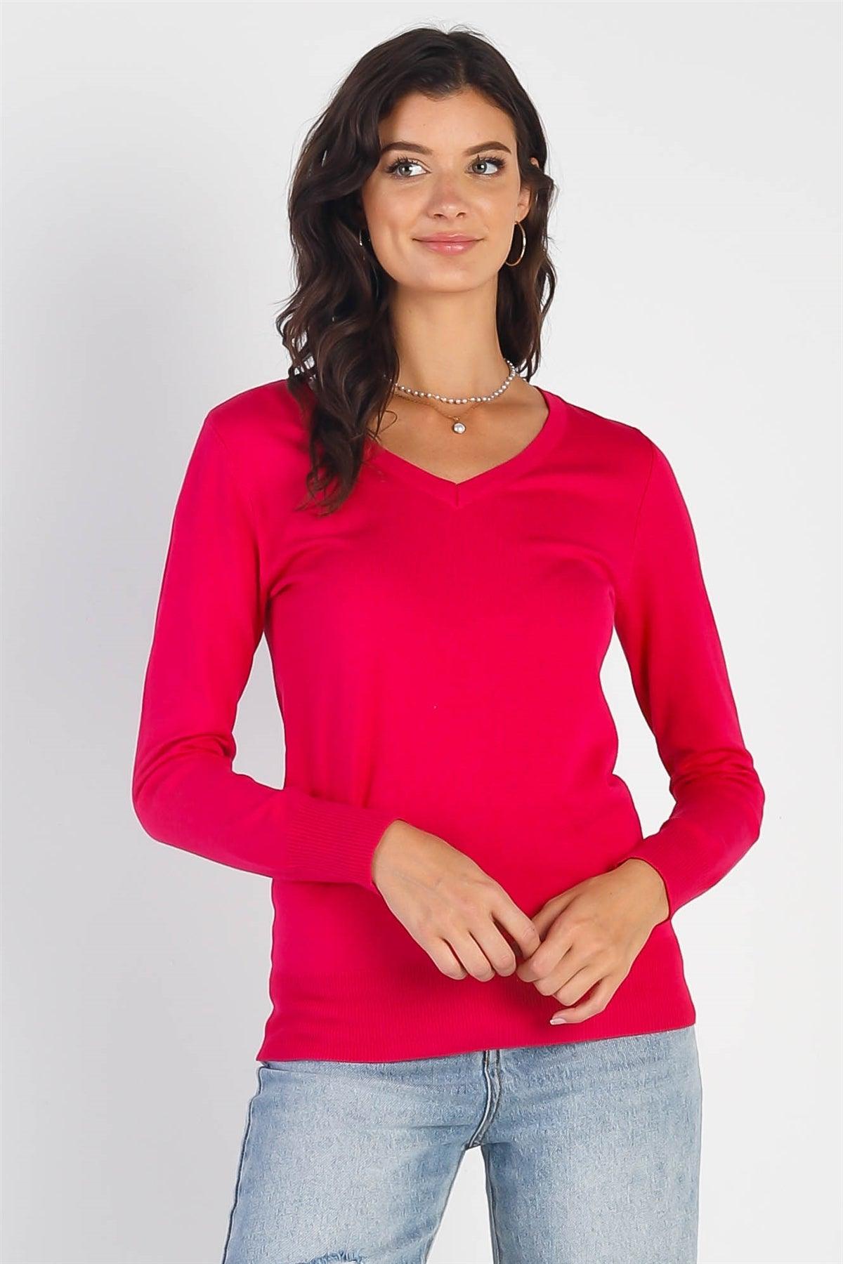 Hot Pink Knit V-Neck Long Sleeve Sweater /2-2-2