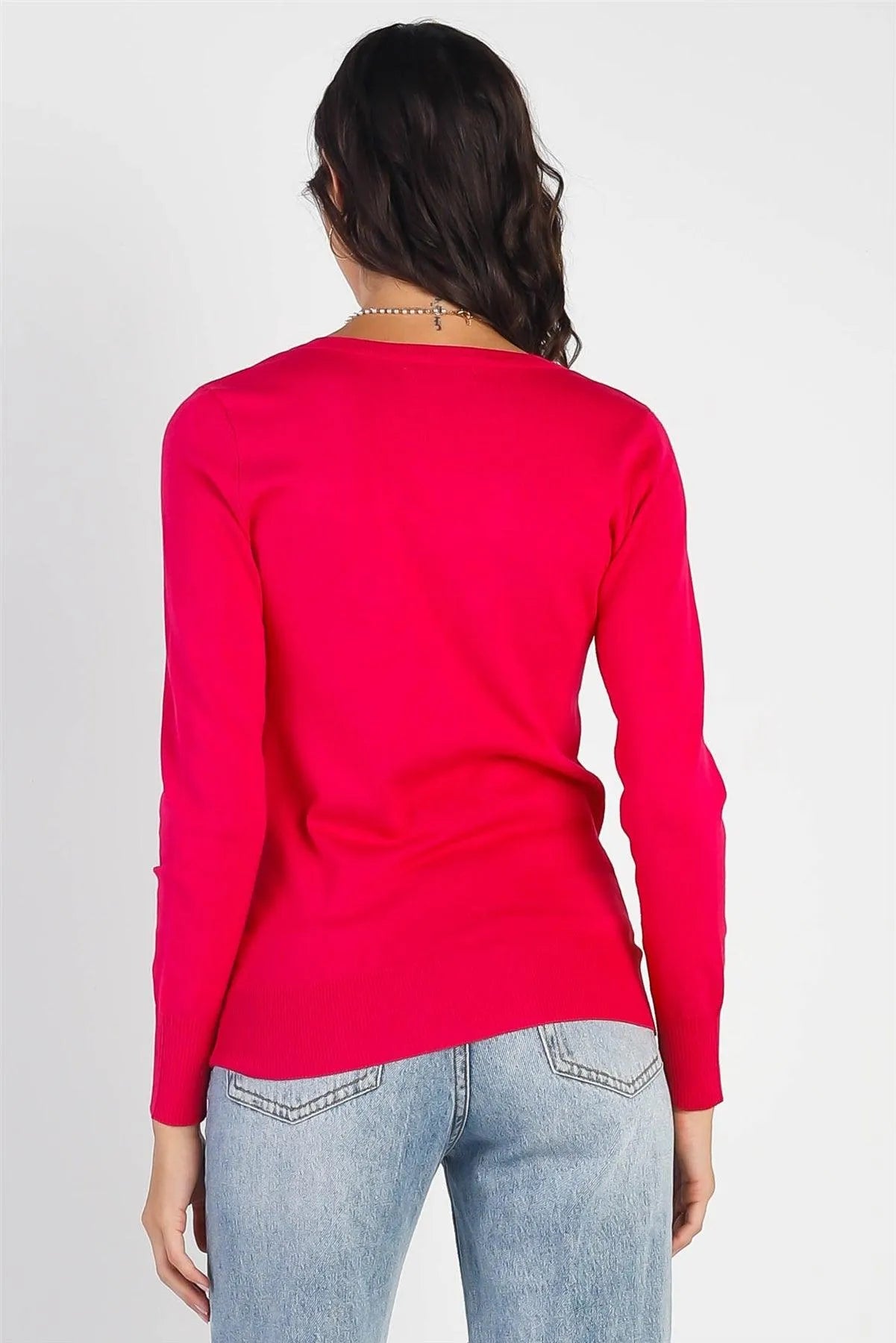 Hot Pink Knit V-Neck Long Sleeve Sweater /1-2-2-1 - Tasha Apparel Wholesale