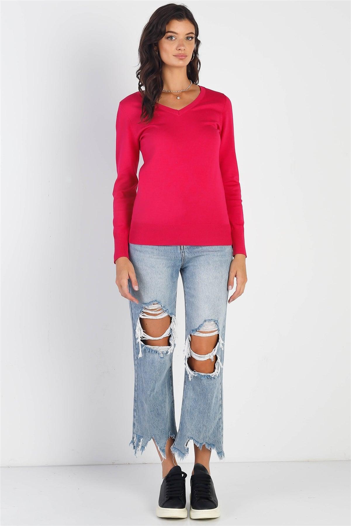 Hot Pink Knit V-Neck Long Sleeve Sweater /1-2-2-1