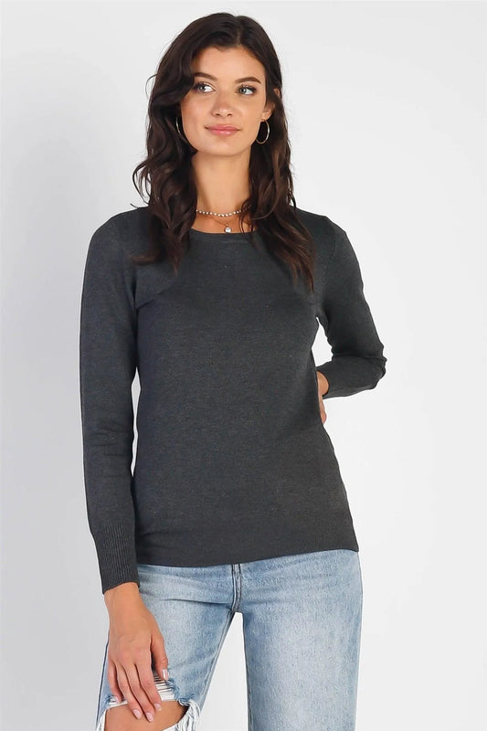Charcoal Grey Knit Round Neck Sweater /1-2-2-1 - Tasha Apparel Wholesale