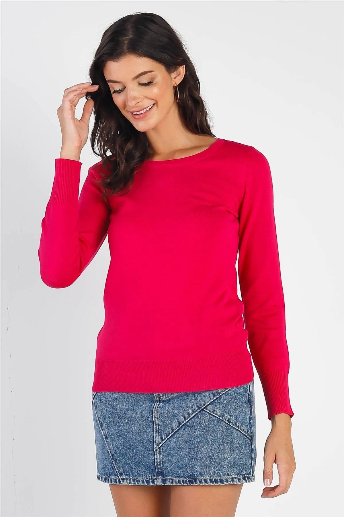 Hot Pink Knit Round Neck Sweater /1-2-2-1 - Tasha Apparel Wholesale