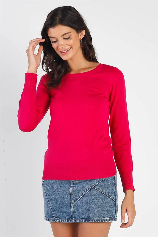 Hot Pink Knit Round Neck Sweater /1-2-2-1 - Tasha Apparel Wholesale