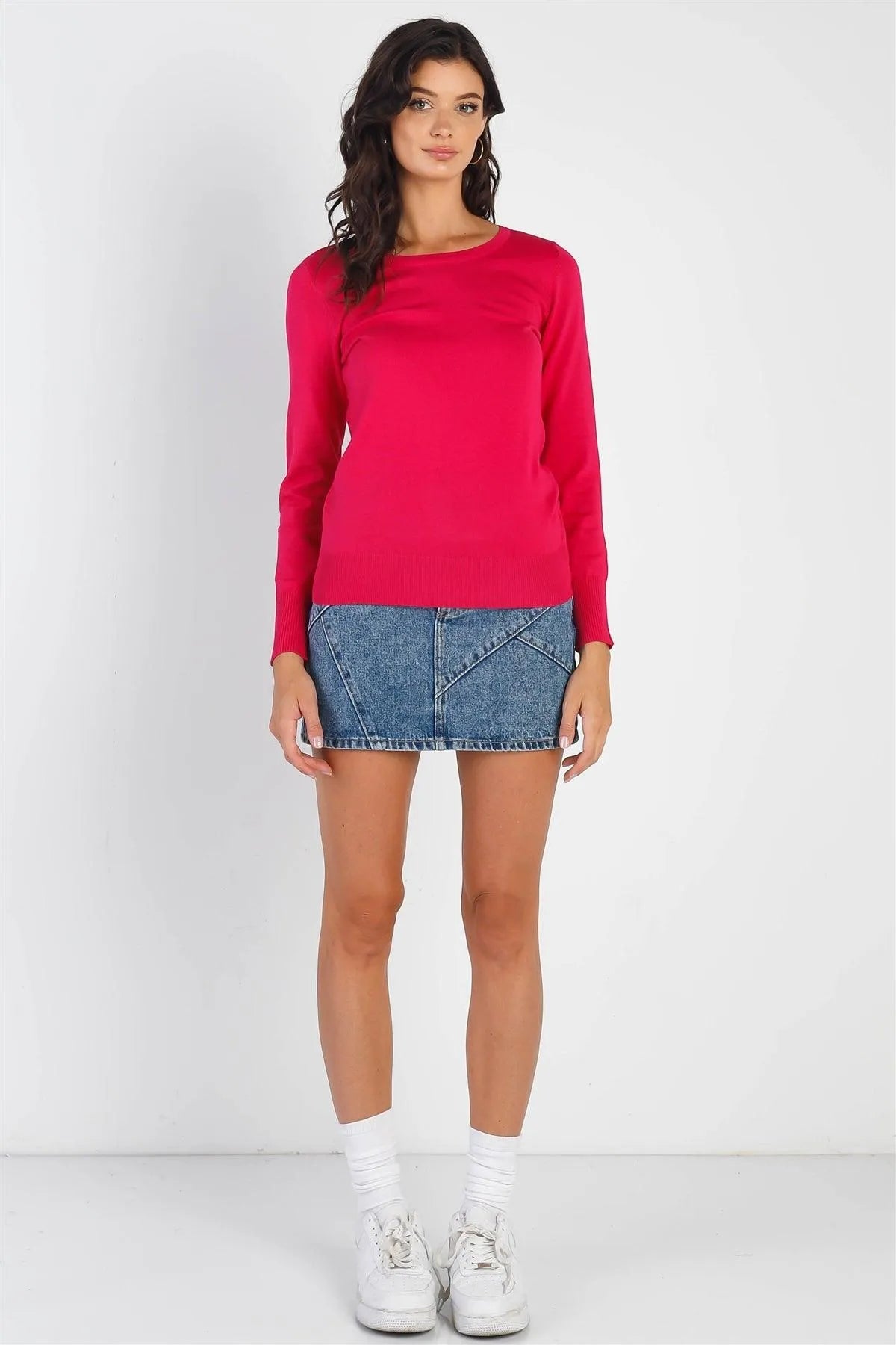 Hot Pink Knit Round Neck Sweater /1-2-2-1 - Tasha Apparel Wholesale