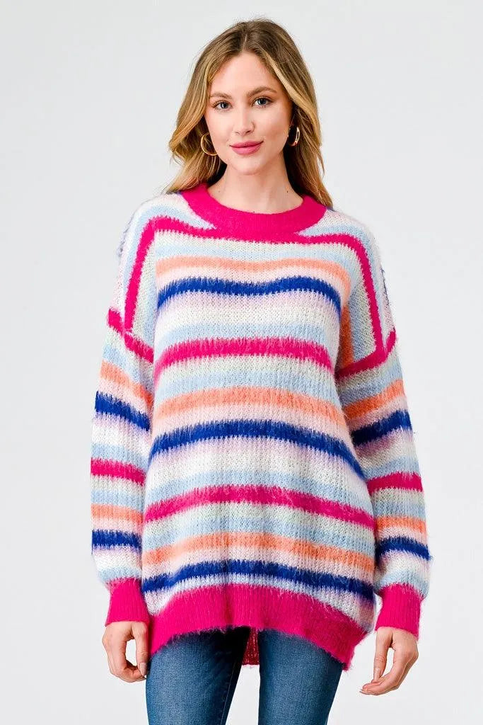 Fuchsia Mix Stripe Knit Long Sleeve Sweater /3-2-2 - Tasha Apparel Wholesale