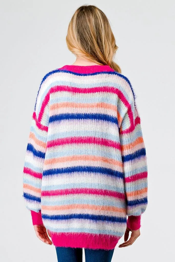 Fuchsia Mix Stripe Knit Long Sleeve Sweater /3-2-2 - Tasha Apparel Wholesale
