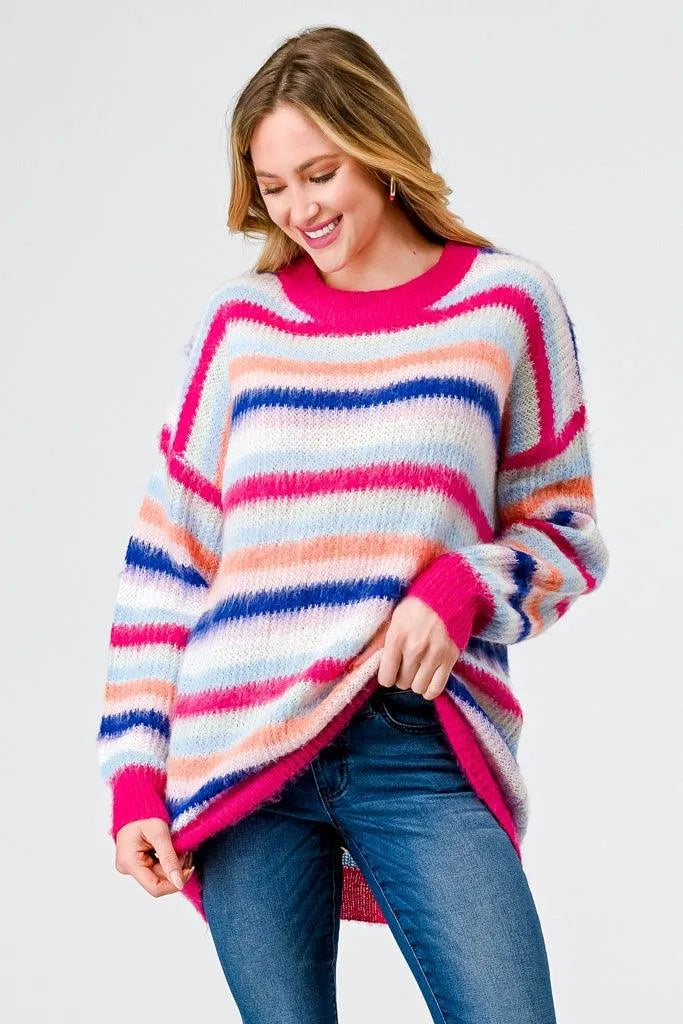 Fuchsia Mix Stripe Knit Long Sleeve Sweater /3-2-2 - Tasha Apparel Wholesale