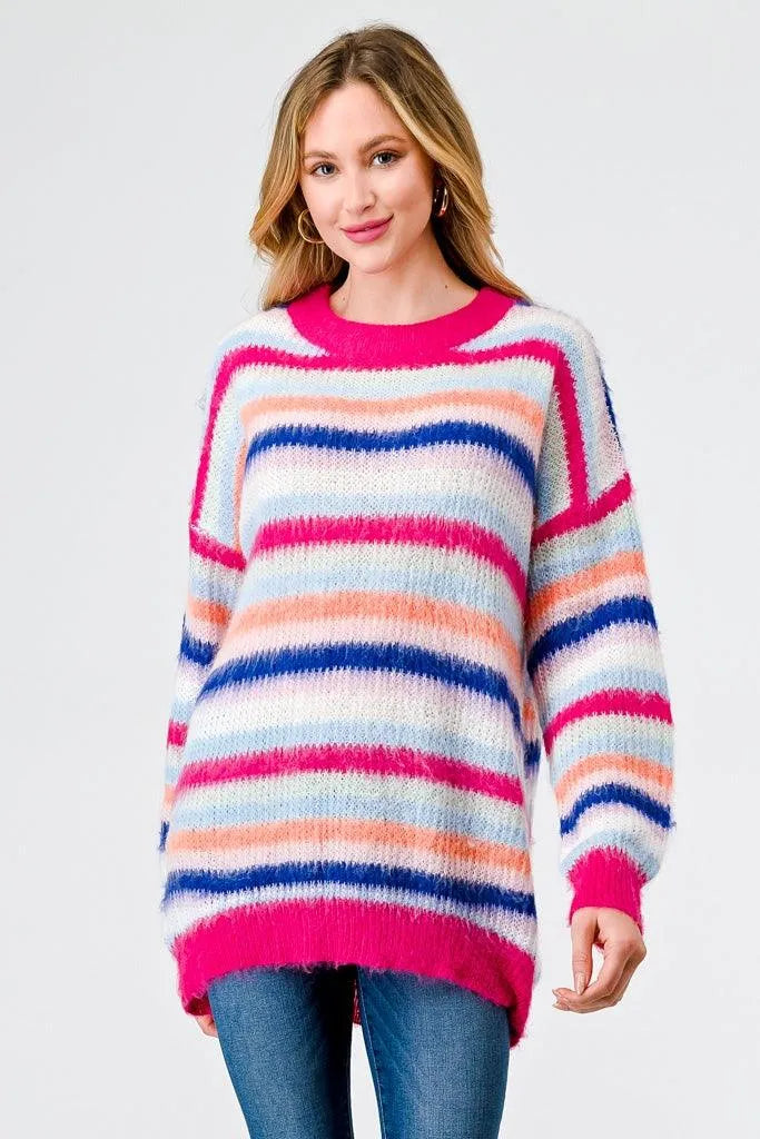 Fuchsia Mix Stripe Knit Long Sleeve Sweater /3-2-2 - Tasha Apparel Wholesale