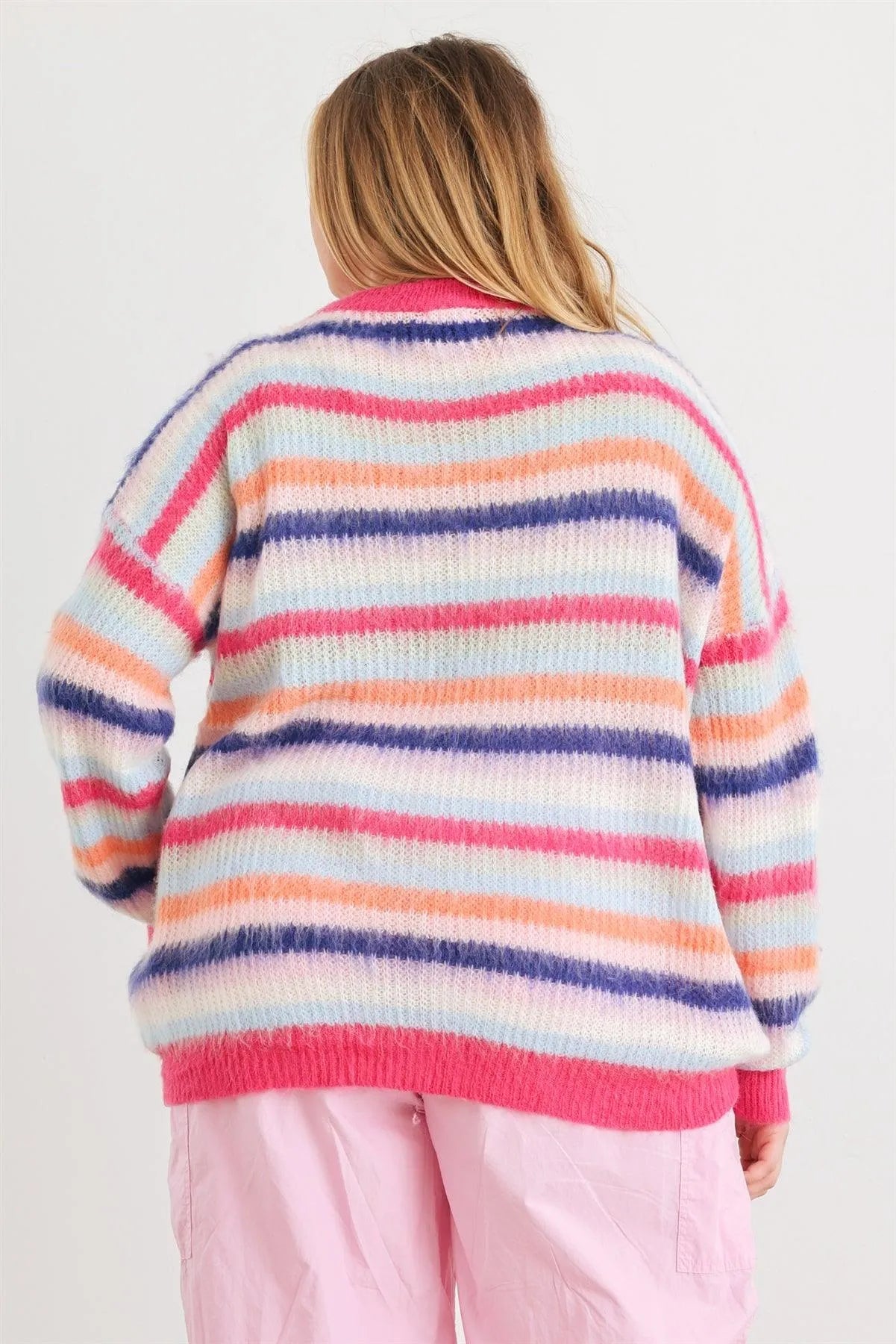Junior Plus Fuchsia Mix Stripe Knit Long Sleeve Sweater /1-2 - Tasha Apparel Wholesale