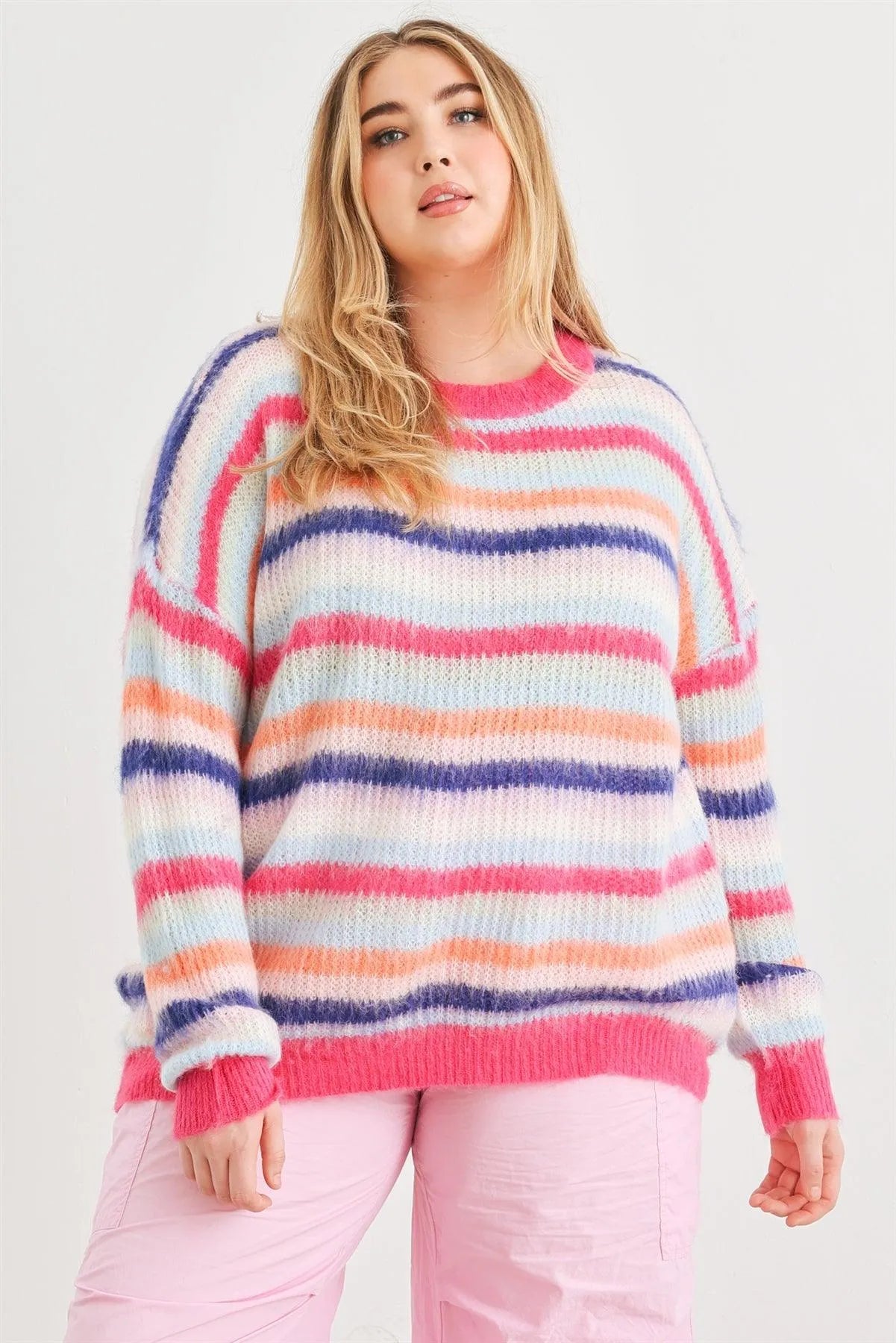 Junior Plus Fuchsia Mix Stripe Knit Long Sleeve Sweater /1-2 - Tasha Apparel Wholesale