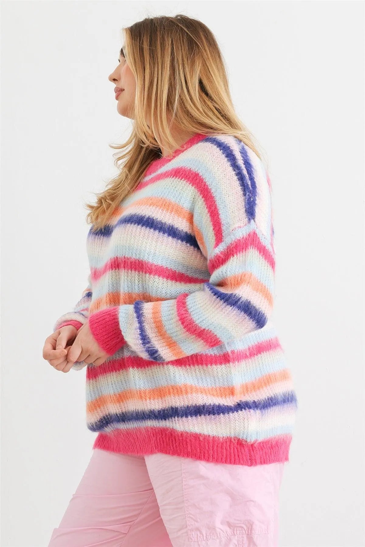 Junior Plus Fuchsia Mix Stripe Knit Long Sleeve Sweater /1-2 - Tasha Apparel Wholesale