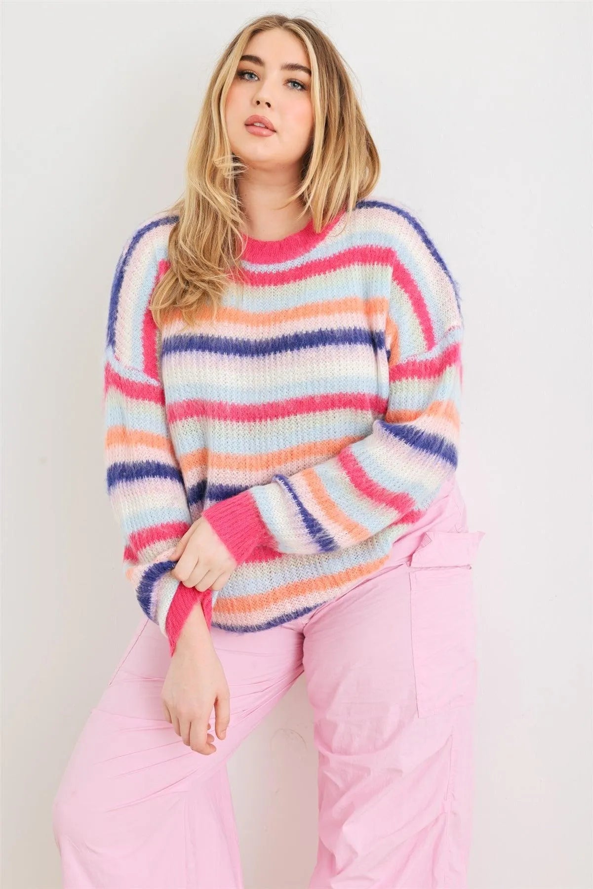 Junior Plus Fuchsia Mix Stripe Knit Long Sleeve Sweater /1-2 - Tasha Apparel Wholesale