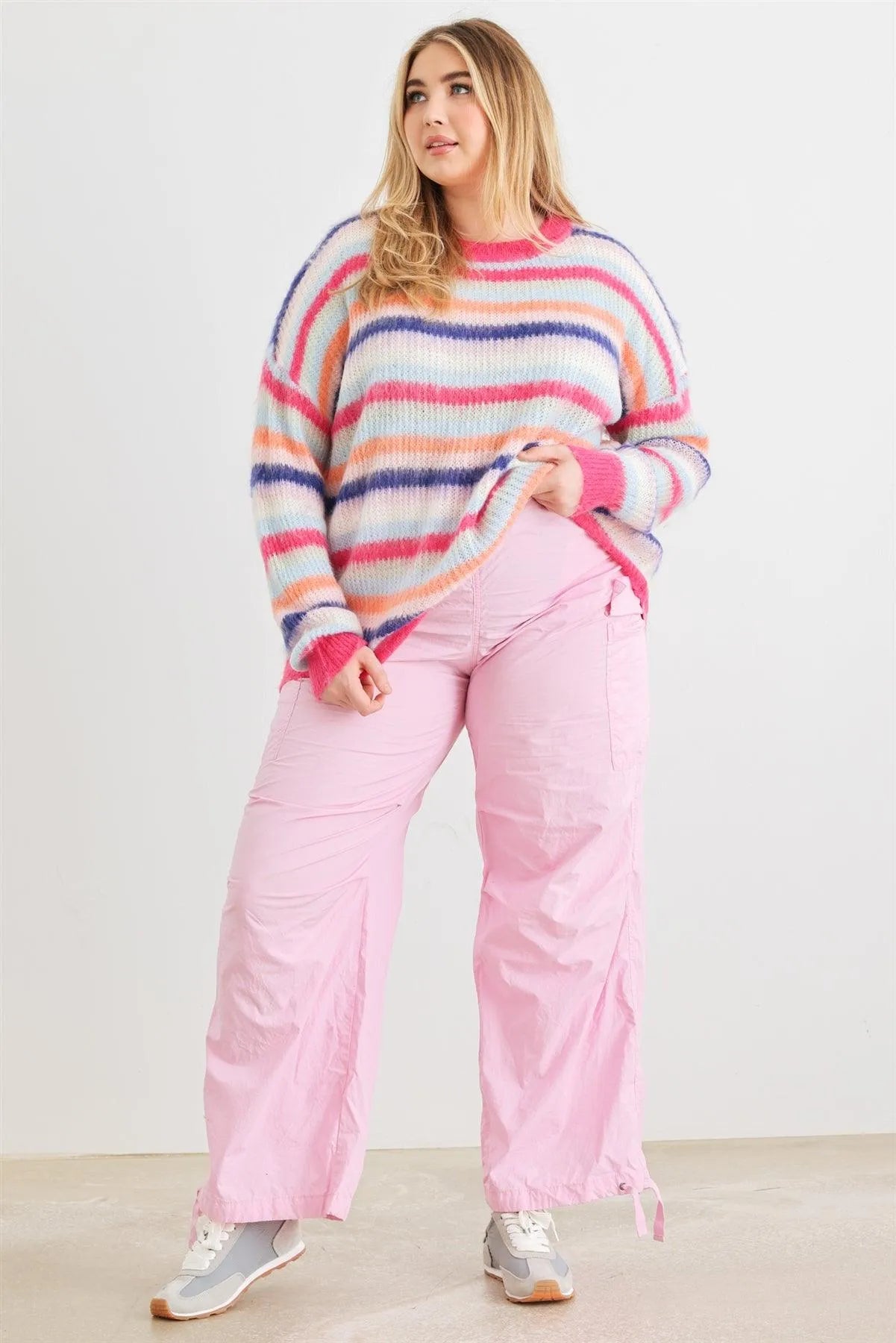 Plus Size Fuchsia Mix Stripe Knit Long Sleeve Sweater - Tasha Apparel Wholesale