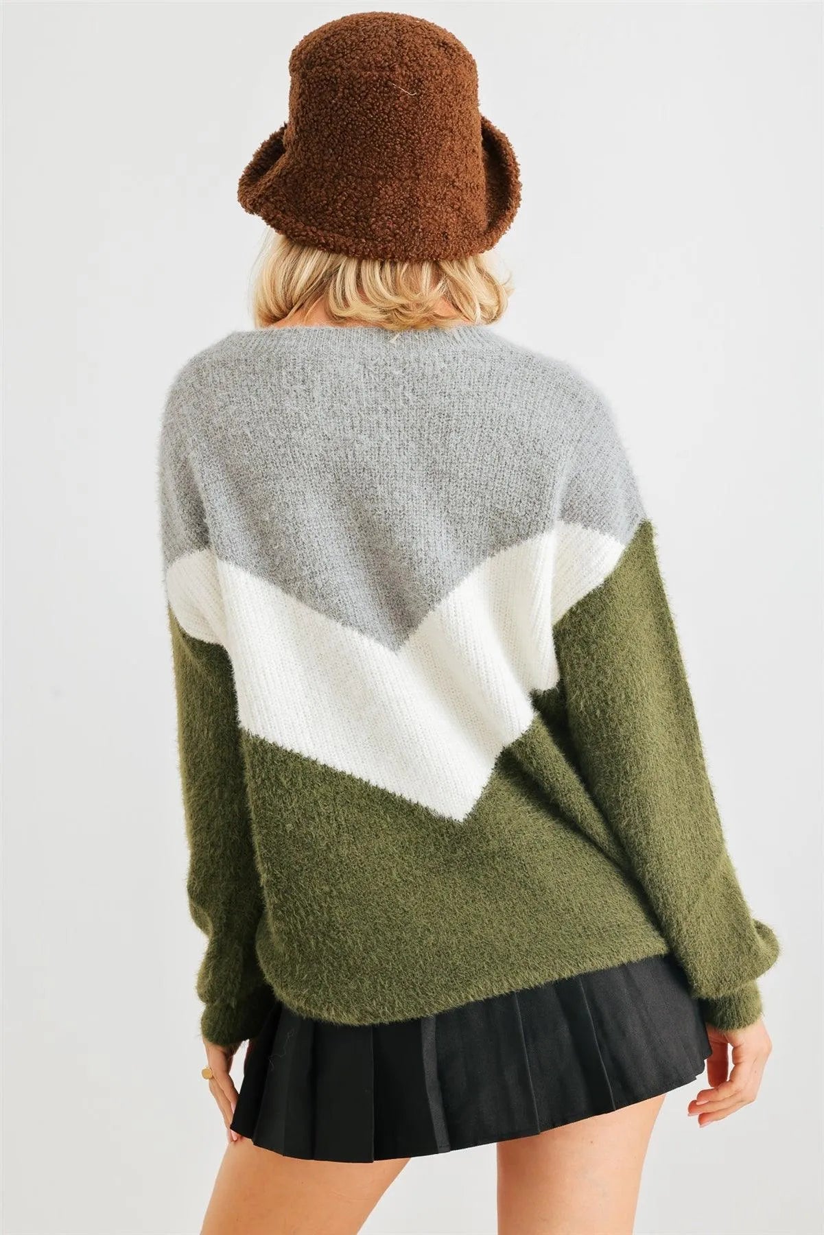 Heather Grey Green Colorblock Fuzzy Knit Long Sleeve Sweater /2-2-2 - Tasha Apparel Wholesale