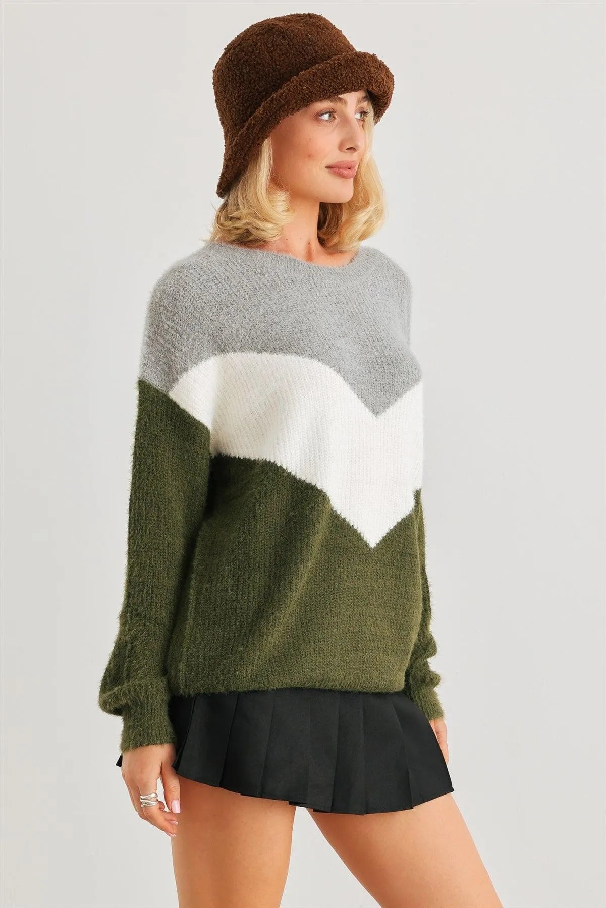Heather Grey Green Colorblock Fuzzy Knit Long Sleeve Sweater /2-2-2 - Tasha Apparel Wholesale