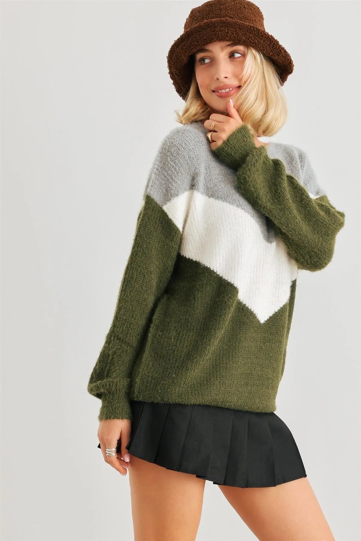 Heather Grey Green Colorblock Fuzzy Knit Long Sleeve Sweater /2-2-2 - Tasha Apparel Wholesale