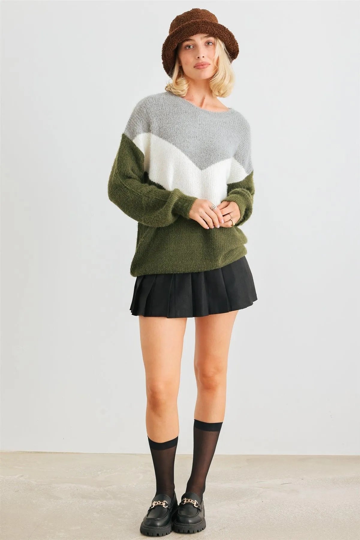 Heather Grey Green Colorblock Fuzzy Knit Long Sleeve Sweater /2-2-2 - Tasha Apparel Wholesale