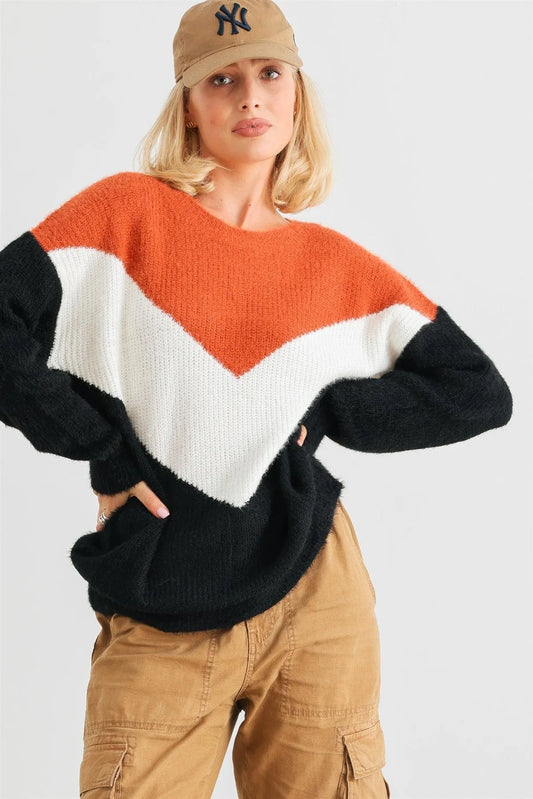Camel Ivory Black Colorblock Fuzzy Knit Long Sleeve Sweater /2-2-2 - Tasha Apparel Wholesale