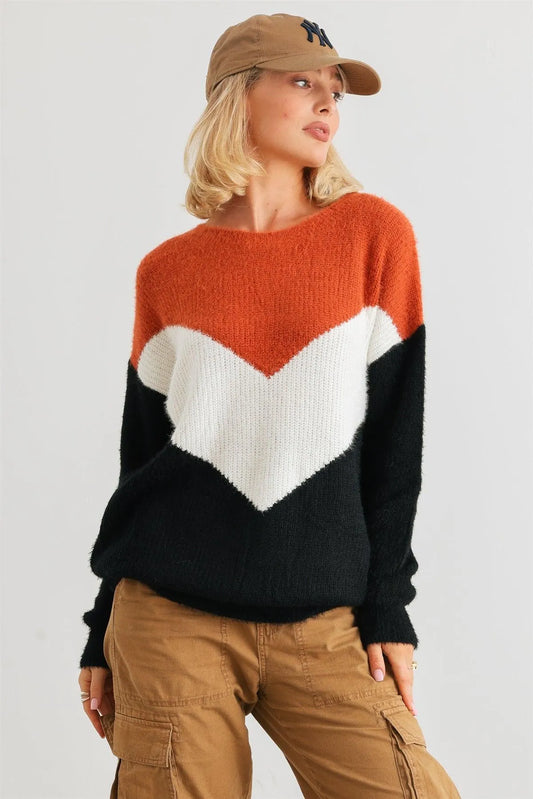 Camel Ivory Black Colorblock Fuzzy Knit Long Sleeve Sweater /2-3-2 - Tasha Apparel Wholesale