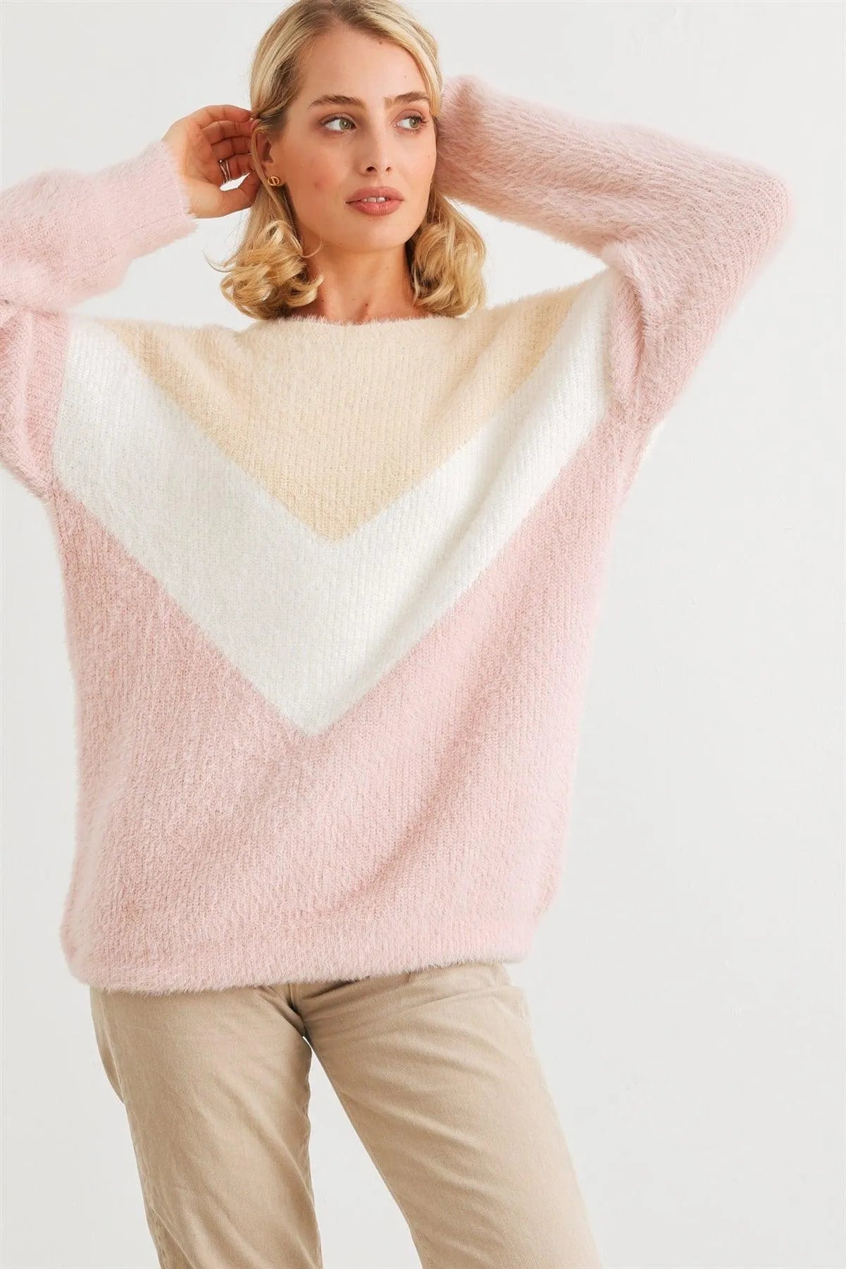 Cream Ivory Blush Colorblock Fuzzy Knit Long Sleeve Sweater /2-2-2 - Tasha Apparel Wholesale