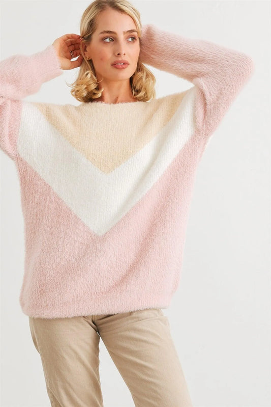 Cream Ivory Blush Colorblock Fuzzy Knit Long Sleeve Sweater /2-2-2 - Tasha Apparel Wholesale