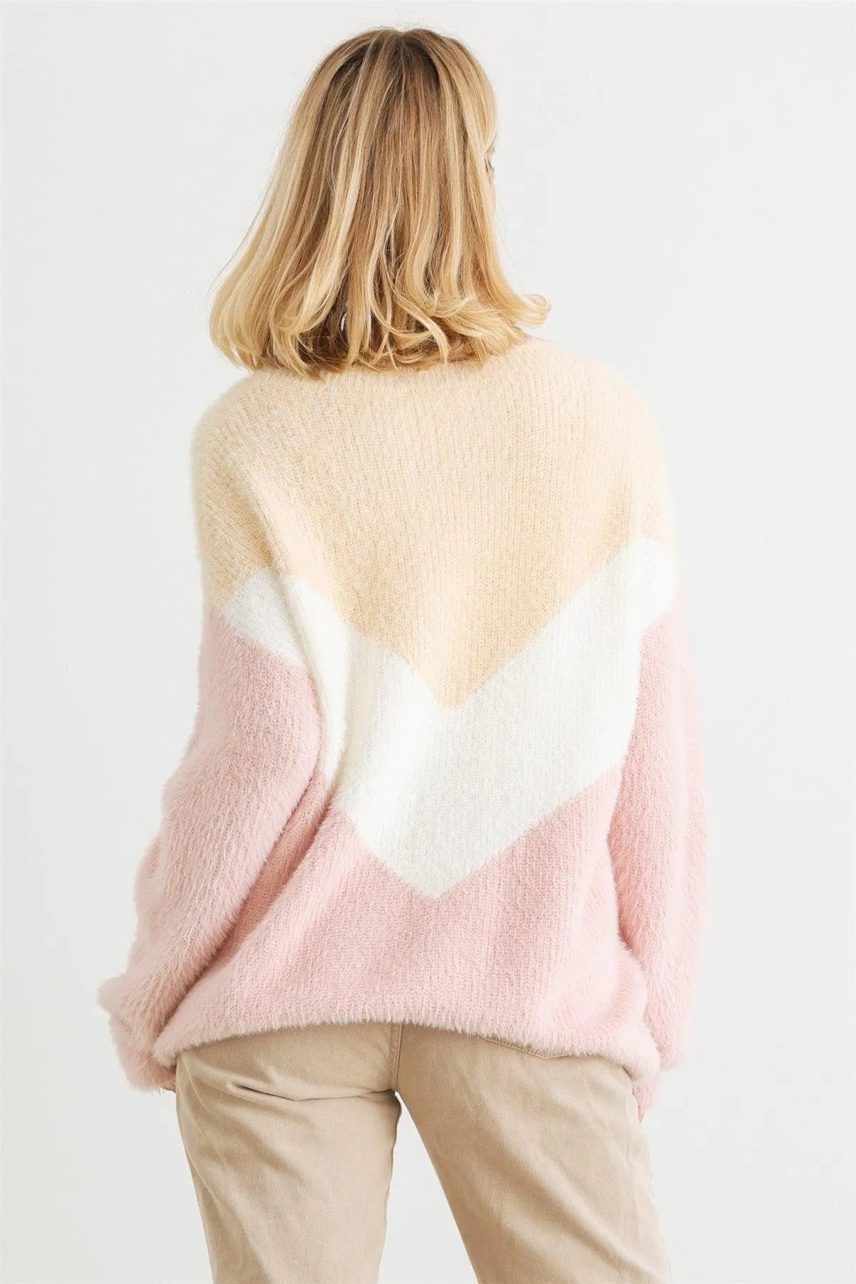 Cream Ivory Blush Colorblock Fuzzy Knit Long Sleeve Sweater /2-2-2 - Tasha Apparel Wholesale