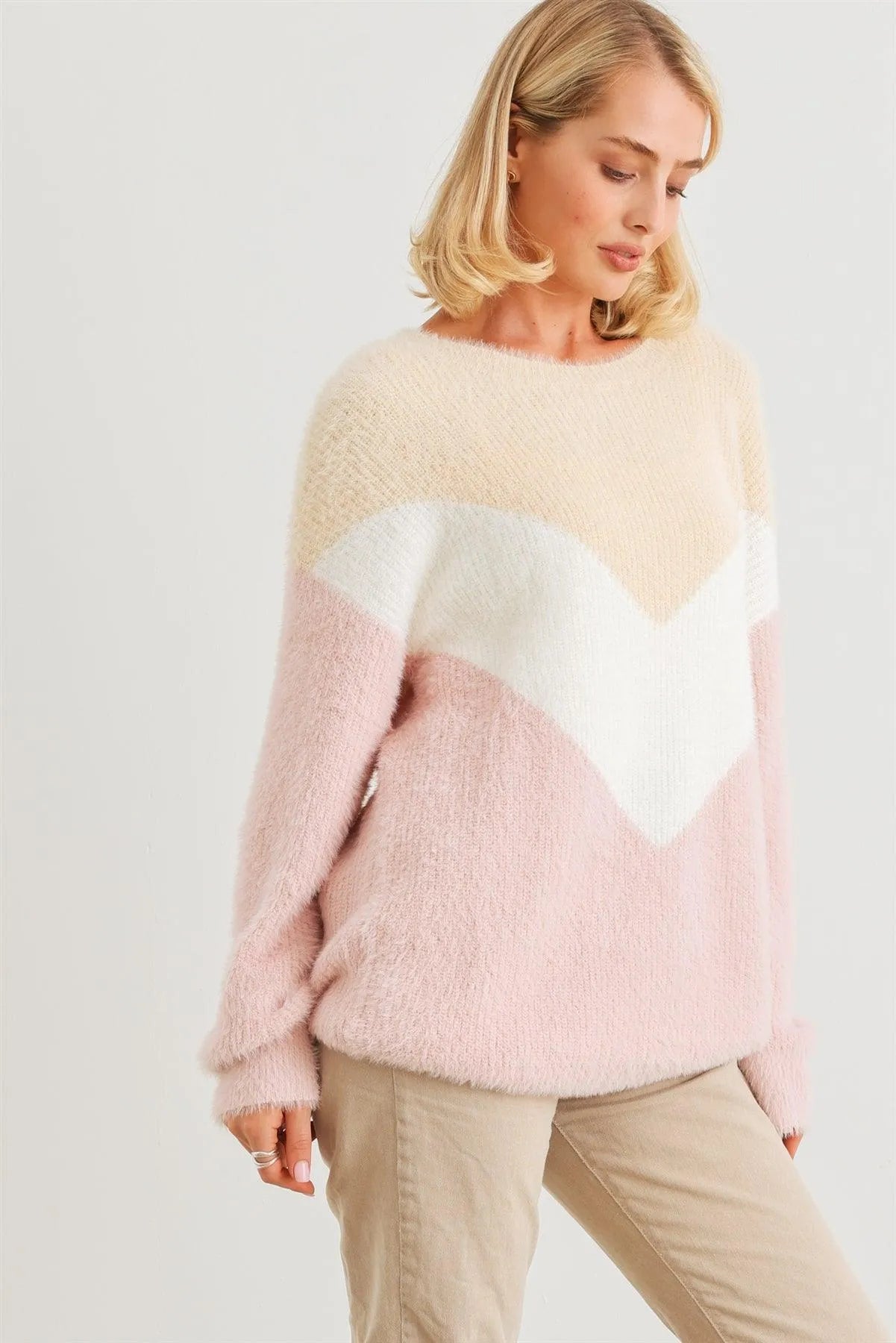 Cream Ivory Blush Colorblock Fuzzy Knit Long Sleeve Sweater /2-2-2 - Tasha Apparel Wholesale