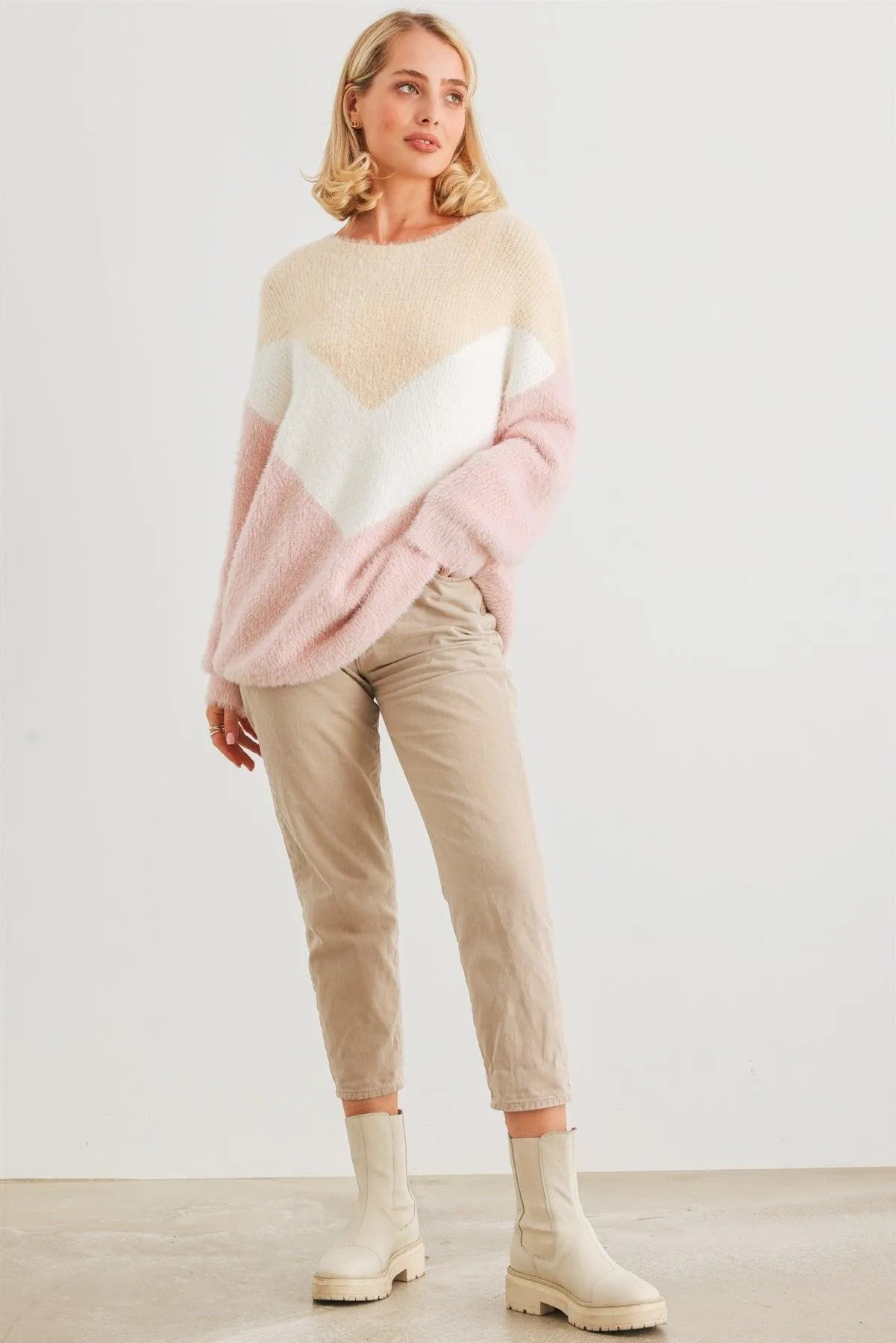 Cream Ivory Blush Colorblock Fuzzy Knit Long Sleeve Sweater /2-2-2 - Tasha Apparel Wholesale