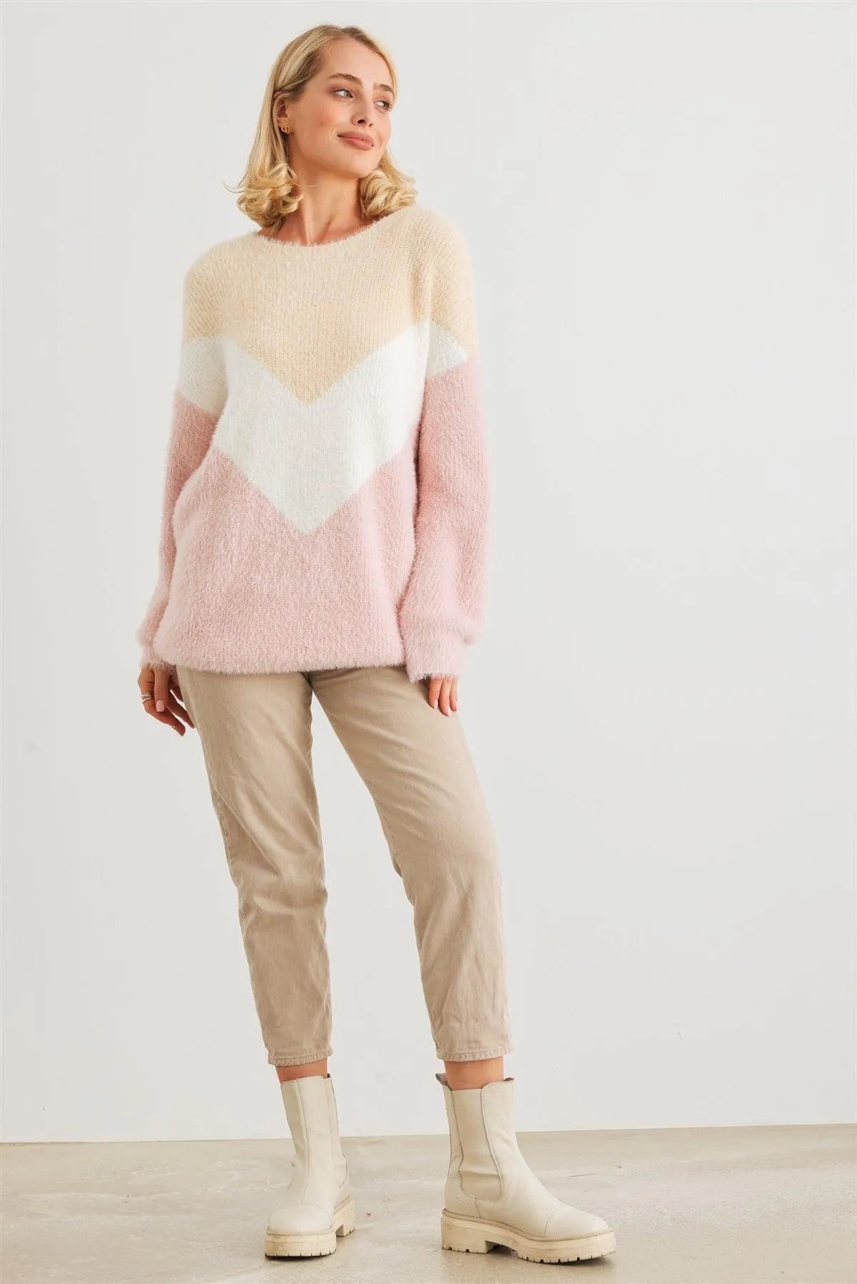 Cream Ivory Blush Colorblock Fuzzy Knit Long Sleeve Sweater /2-2-2 - Tasha Apparel Wholesale